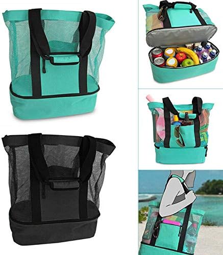 Mesh Beach Tote Bag with Detachable Insulated Beach Cooler Compartment Waterproof Sandproof Picnic Pool Bag, Black, Large - Image 2