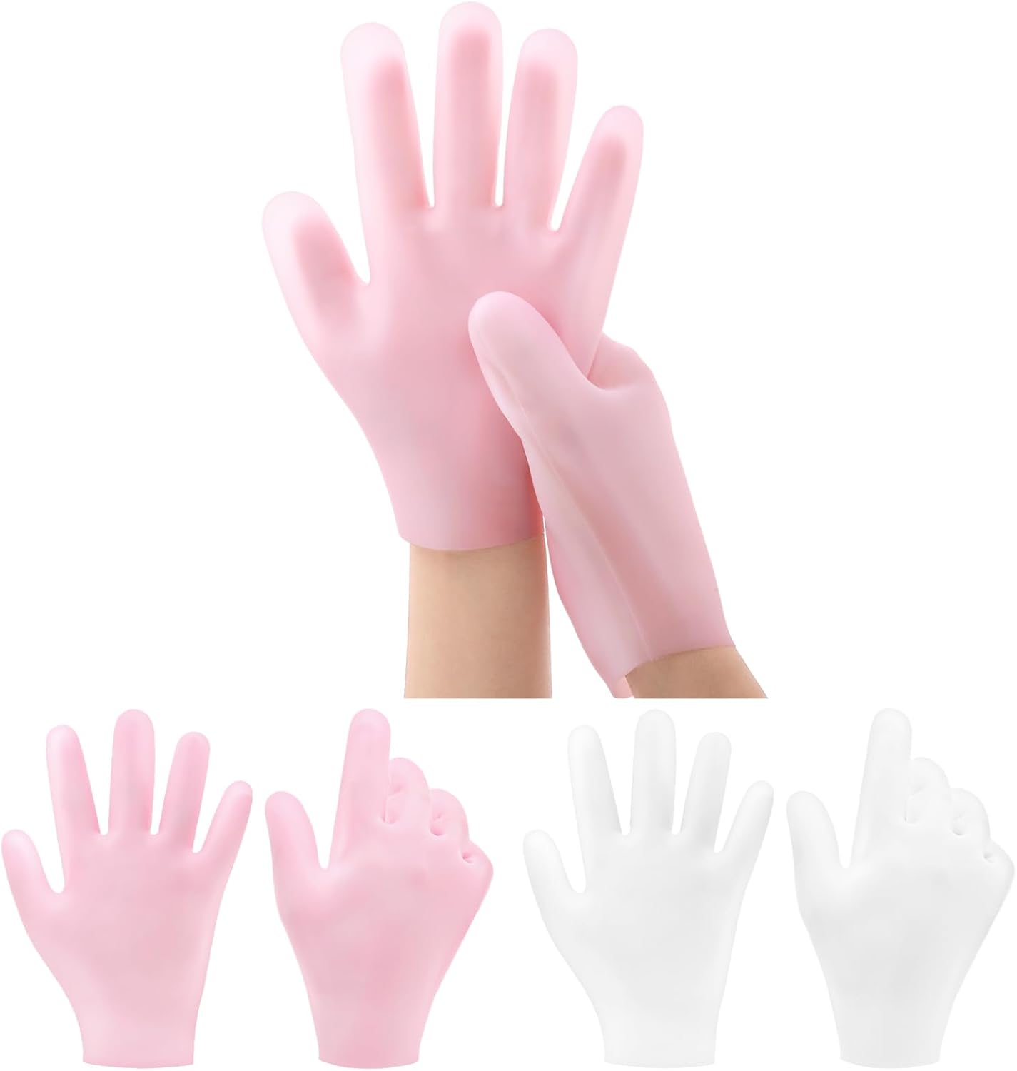 2 Pairs Silicone Gloves for Dry Cracked, Silicone Moisturizing Gloves for Women, Hand Care Silicone Gloves, Spa Gel Gloves Hand Care After Pedicure Silicone Gloves - Pink & White - Image 1