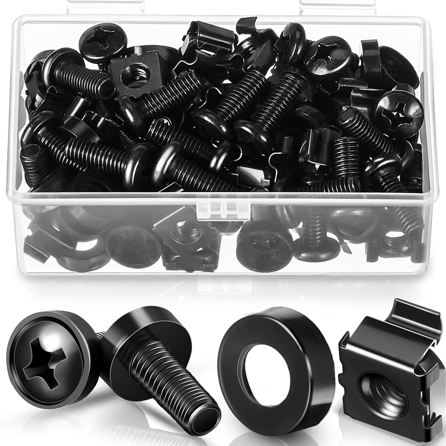 50 Pack M6 x 16 mm Rack Mount Cage Nuts, Screws and Washers Stainless Steel Black Server Rack Screws Square Insert Nuts for Audio Server Console Mounting Routers, Shelves, Enclosures, Cabinets - Image 1