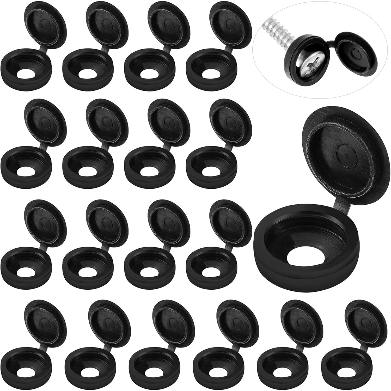 100 Pieces Hinged Screw Cover Caps Plastic Shutter Screw Caps Fold Screw Snap Covers Washer Flip Tops (Black, Large) - Image 1