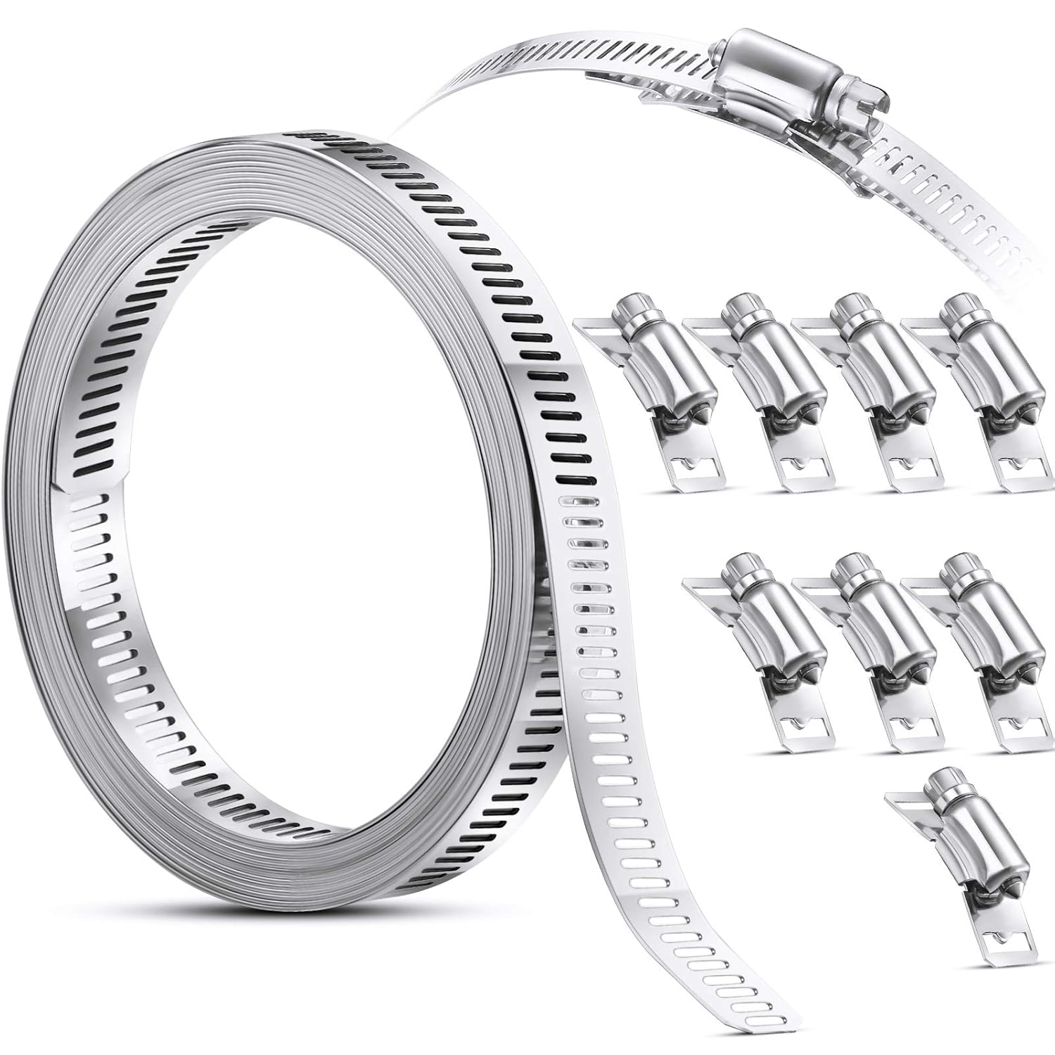 Hoses Clamps, Clamps Worm, Worm Clamps Stainless Steel, Large Hose Clamp Worm Drive Hose Clamps Adjustable Pipe Hose Clamp for Intercooler, Pipe, Plumbing, Tube and Fuel Line (9 Pieces,11.5 Feet) - Image 1