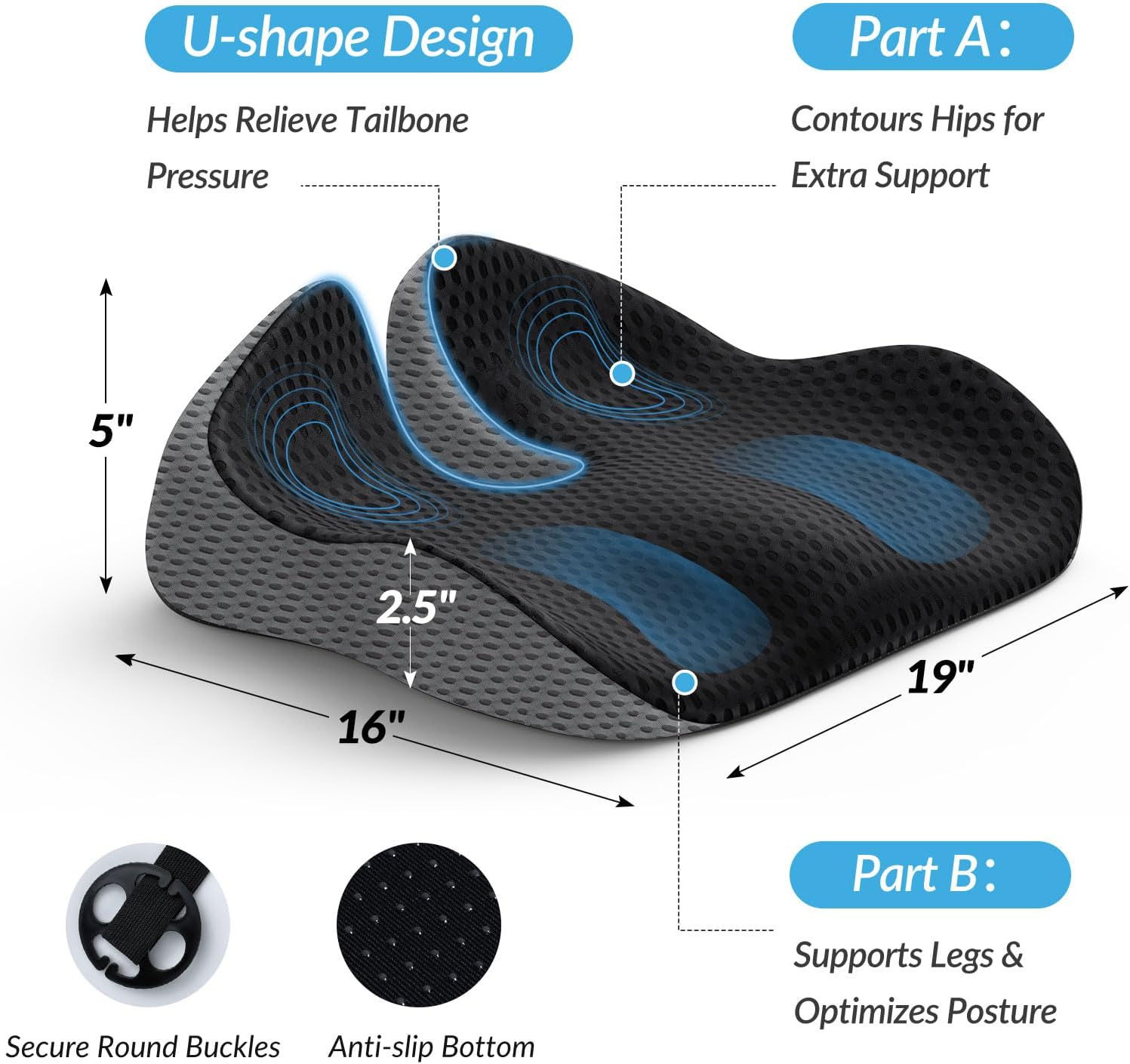 Wedge Car Seat Cushion for Driving, Innovative Seat Cushion with Honeycomb Gel & Memory Foam for Enhanced Breathability & Support, Car Cushions for Hip Pain Relief, Improve Vision/Posture, Black - Image 2