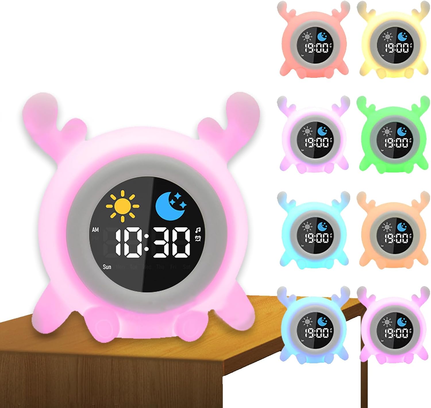 Alarm Clock, 8 Colors Adjustable Alarm Clock for Bedroom with 6 White Noises and 6 Ringtones, Cute Rechargeable Cartoon Sunrise Alarm Clock with LED Display for All Ages (A) - Image 1