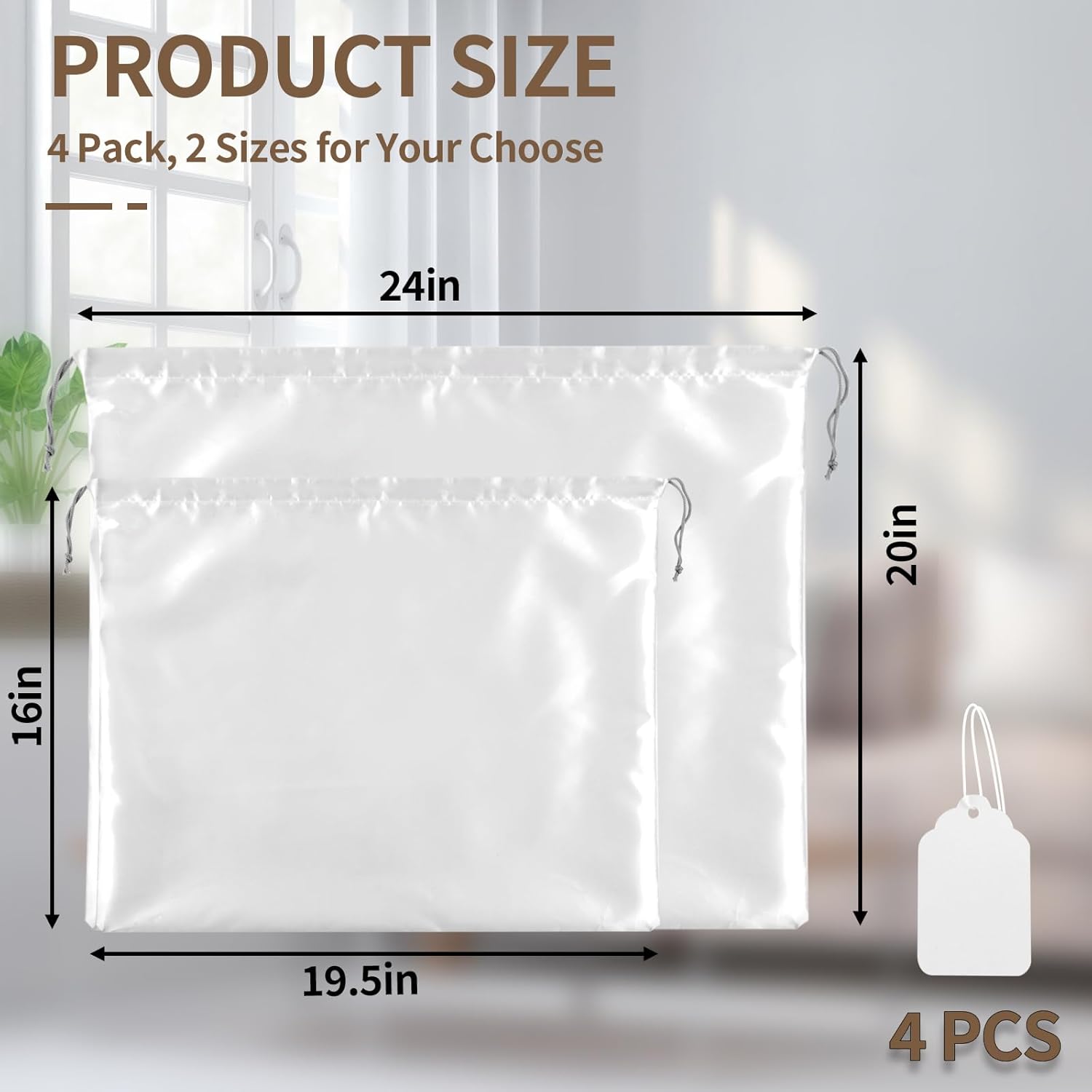 4 Pack Dust Bags for Handbags, Dust Cover Bag for Handbags Purses Cloth Shoes, Silk Large & Middle Daily Travel Storage Pouch Dustproof Drawstring Bag (White, 2 PCS, 24 x 20