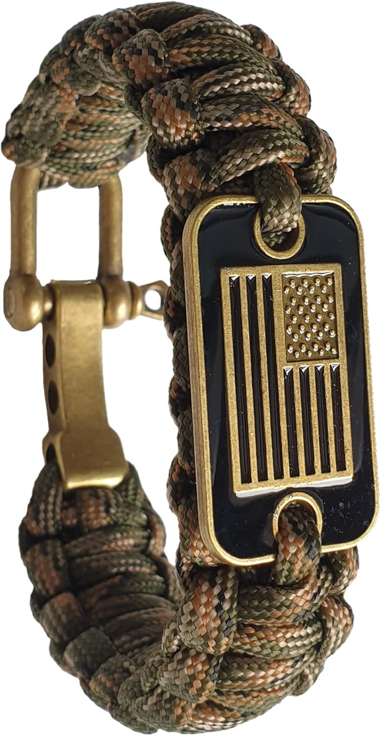 Paracord Bracelet - Tactical Survival Bracelet for Men with Bronze USA Flag - 3 Adjustable Sizes - Green Camo, L - Image 1