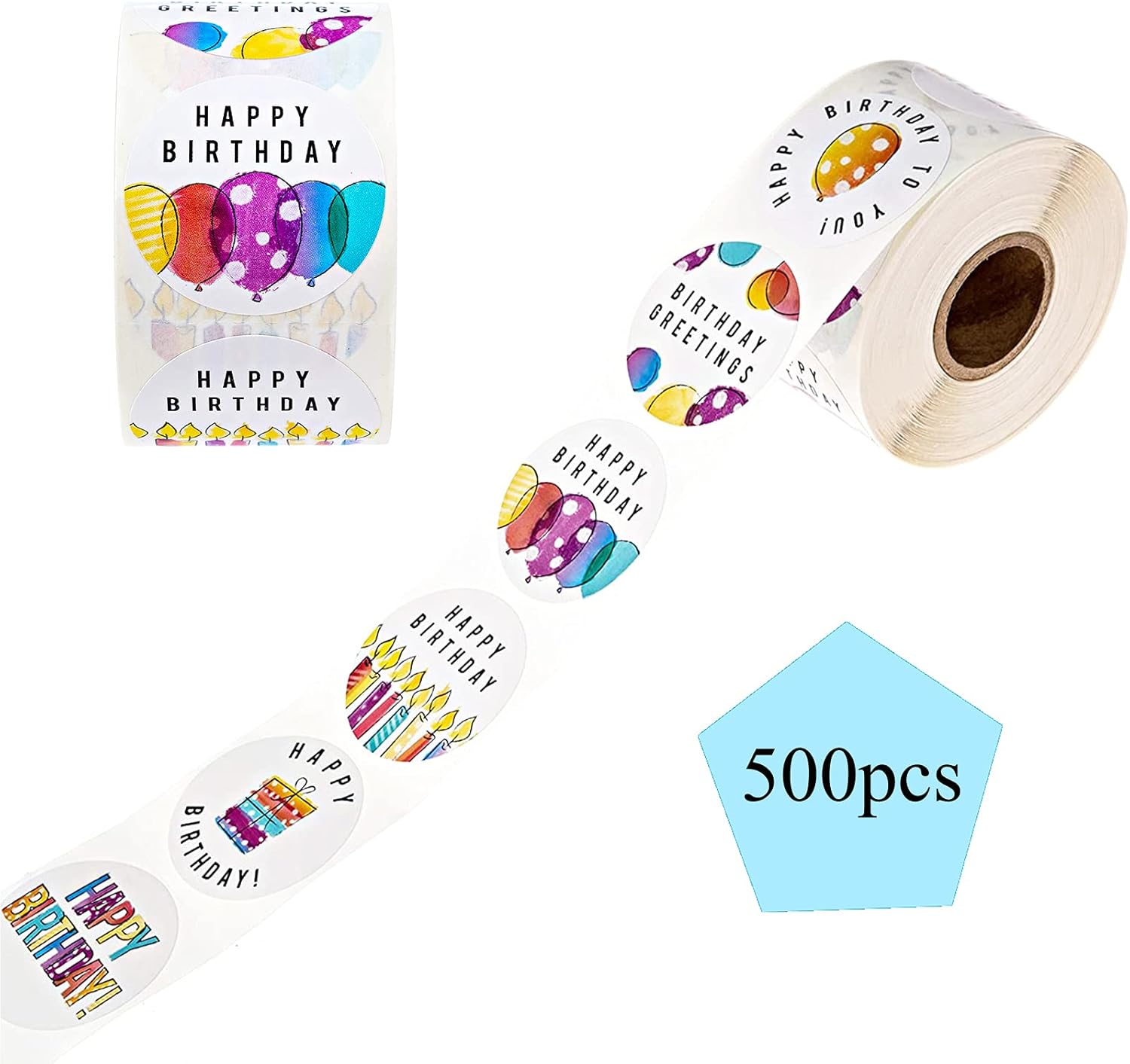 Happy Birthday Stickers, Round Happy Birthday Stickers,Waterproof Self Adhesive Stickers Happy Birthday with 500 pcs Round Label Rolls (1.5