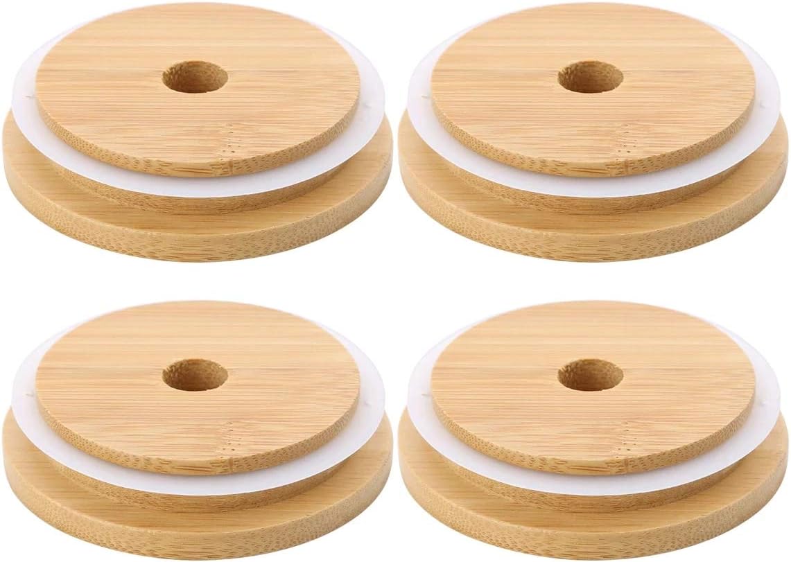 4 Pack 86mm Wide Mouth Bamboo Mason Jar Lids with Straw Hole Reusable Bamboo Caps Leak-Proof Glass Canning Drinking Storage Jars Lid - Image 1