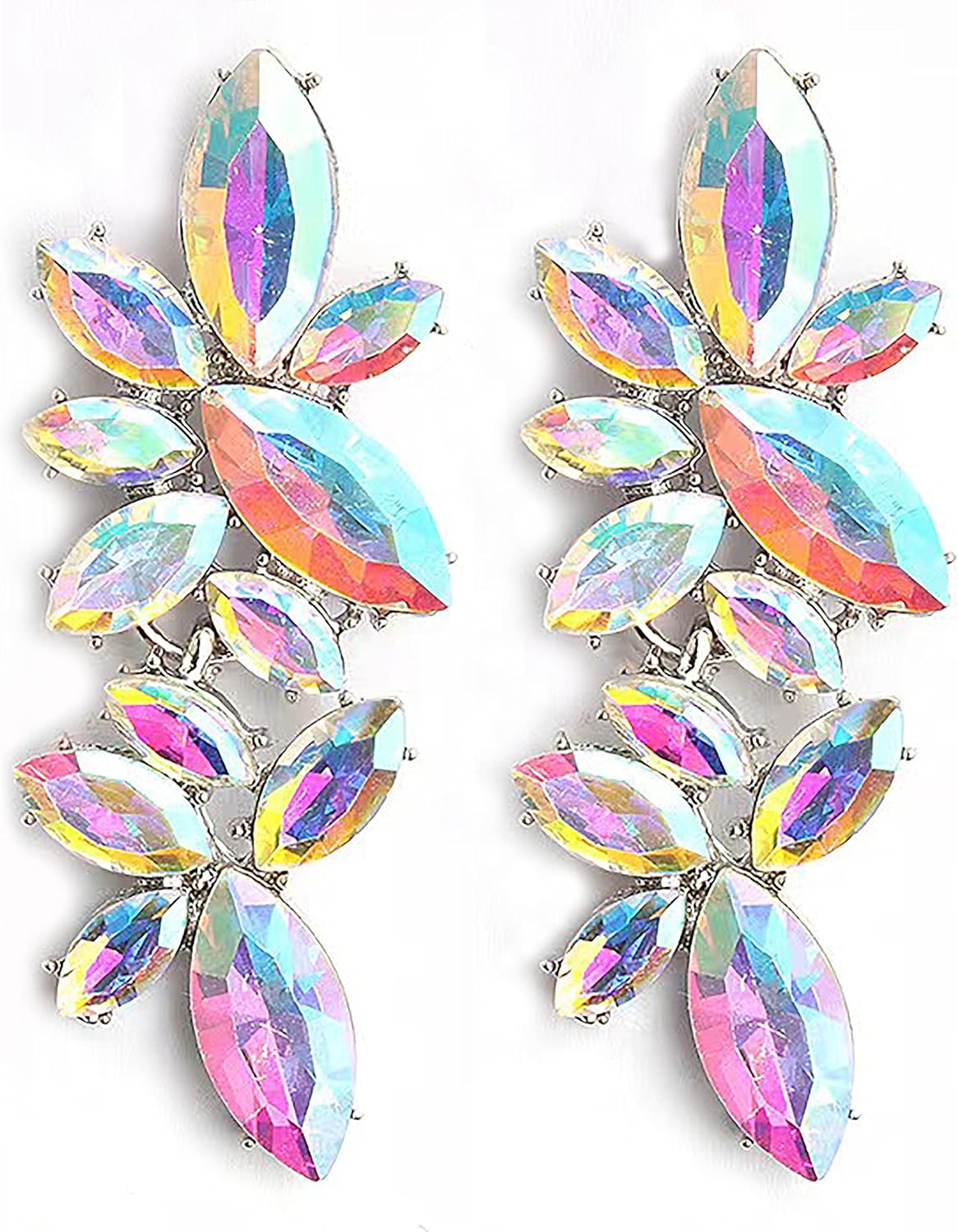 Iridescent Rhinestone Earrings for Prom, Sparkling Bridal Cluster Drop Dangle Stud Earrings, AB Crystal Pageant - Image 1