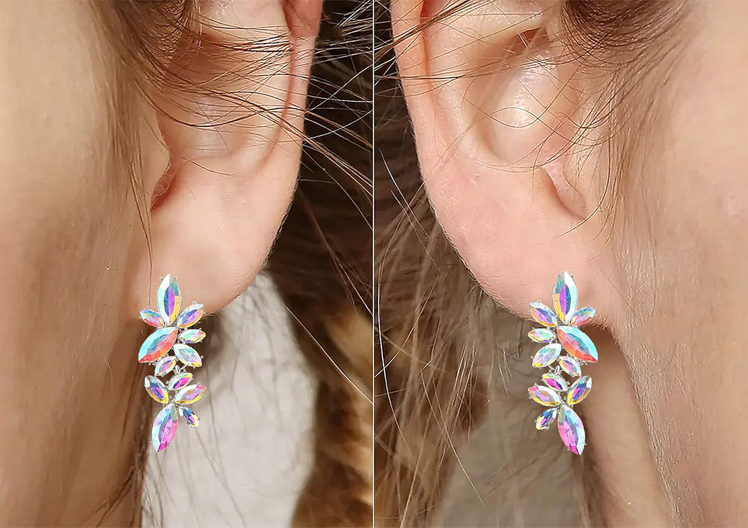 Iridescent Rhinestone Earrings for Prom, Sparkling Bridal Cluster Drop Dangle Stud Earrings, AB Crystal Pageant - Image 3