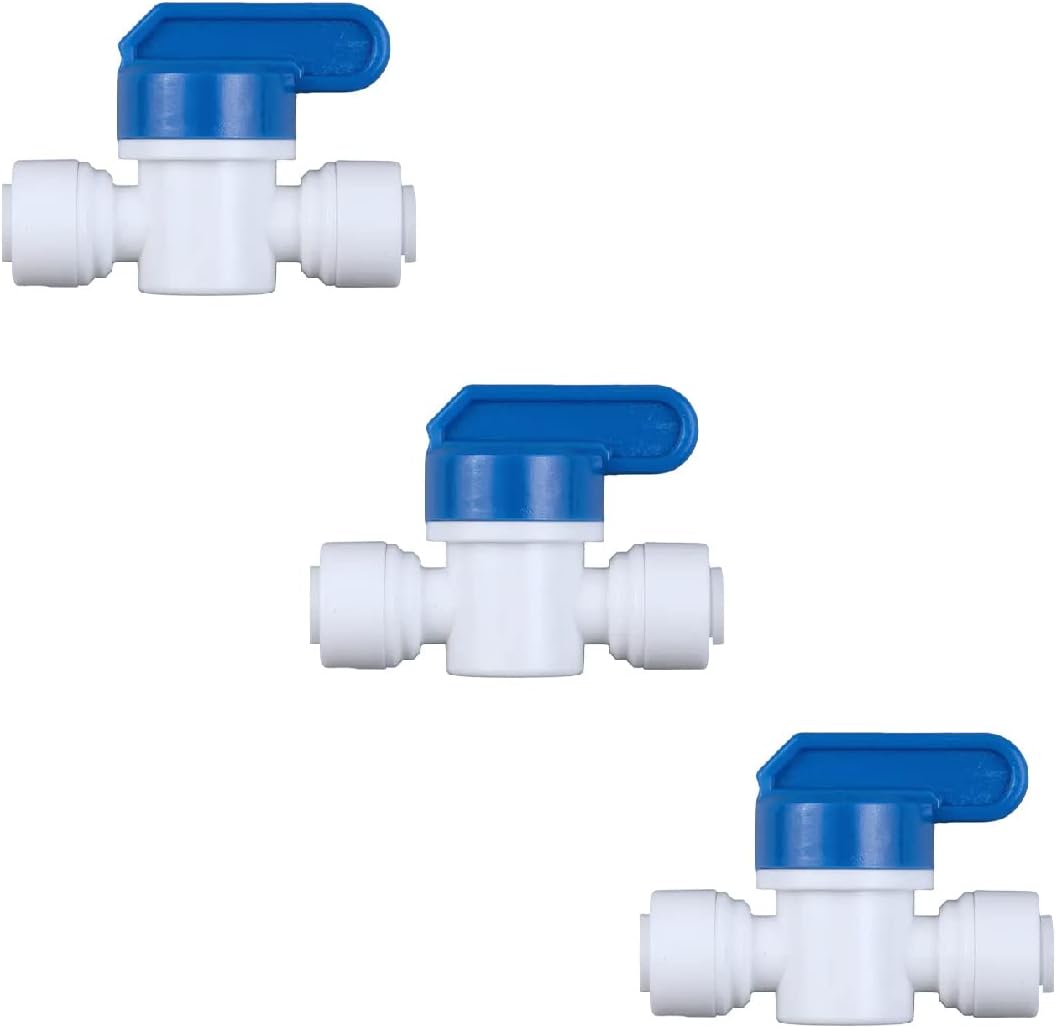 3 Pack Push-to-Connect Plastic Shut Off Valve Fitting (1/4-in OD x 1/4-in OD, Inline Straight Ball Valve), White+Blue - Image 1