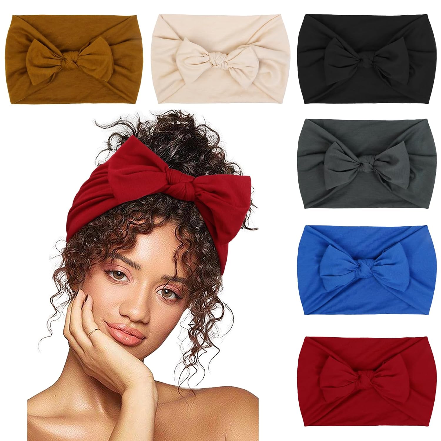 Headbands for Women 6 Packs Cute Bow Head Bands for Women’s Hair, Elastic Wide Knotted Hairbands Headwrap Turban Hair Accessories - Image 1