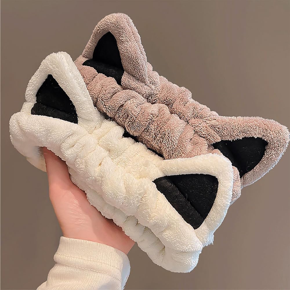 2 Packs Cute Cat Spa Headband for Washing Face Makeup Skincare, Animal Headbands for Women Girls Trendy Stuff Gifts Soft Coral Fleece Facial Wash Hair Accessories (Beige+ Khaki) - Image 1