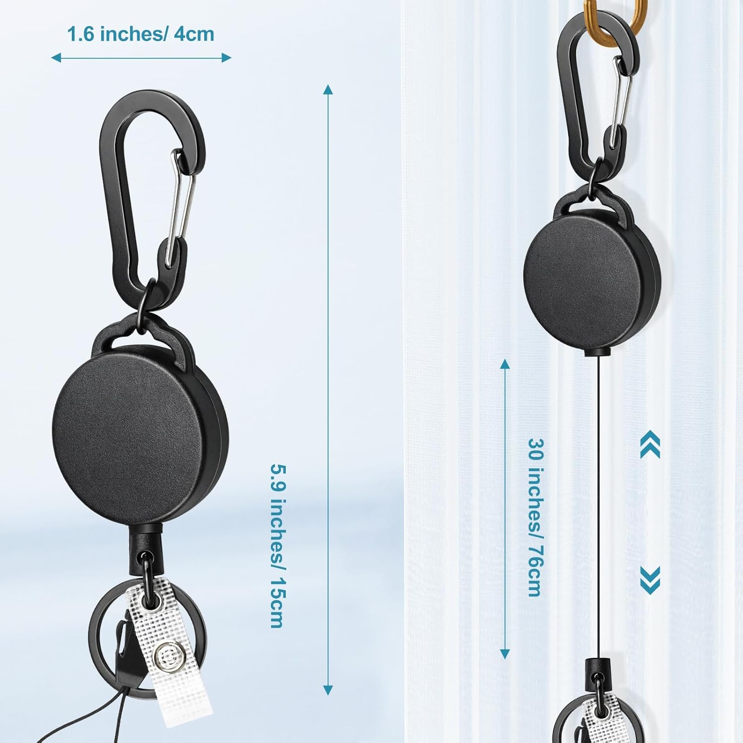 2 Pack Retractable Keychain Heavy Duty Retractable Badge Reel Carabiner with 30” Retractable Cord, Black - Image 2