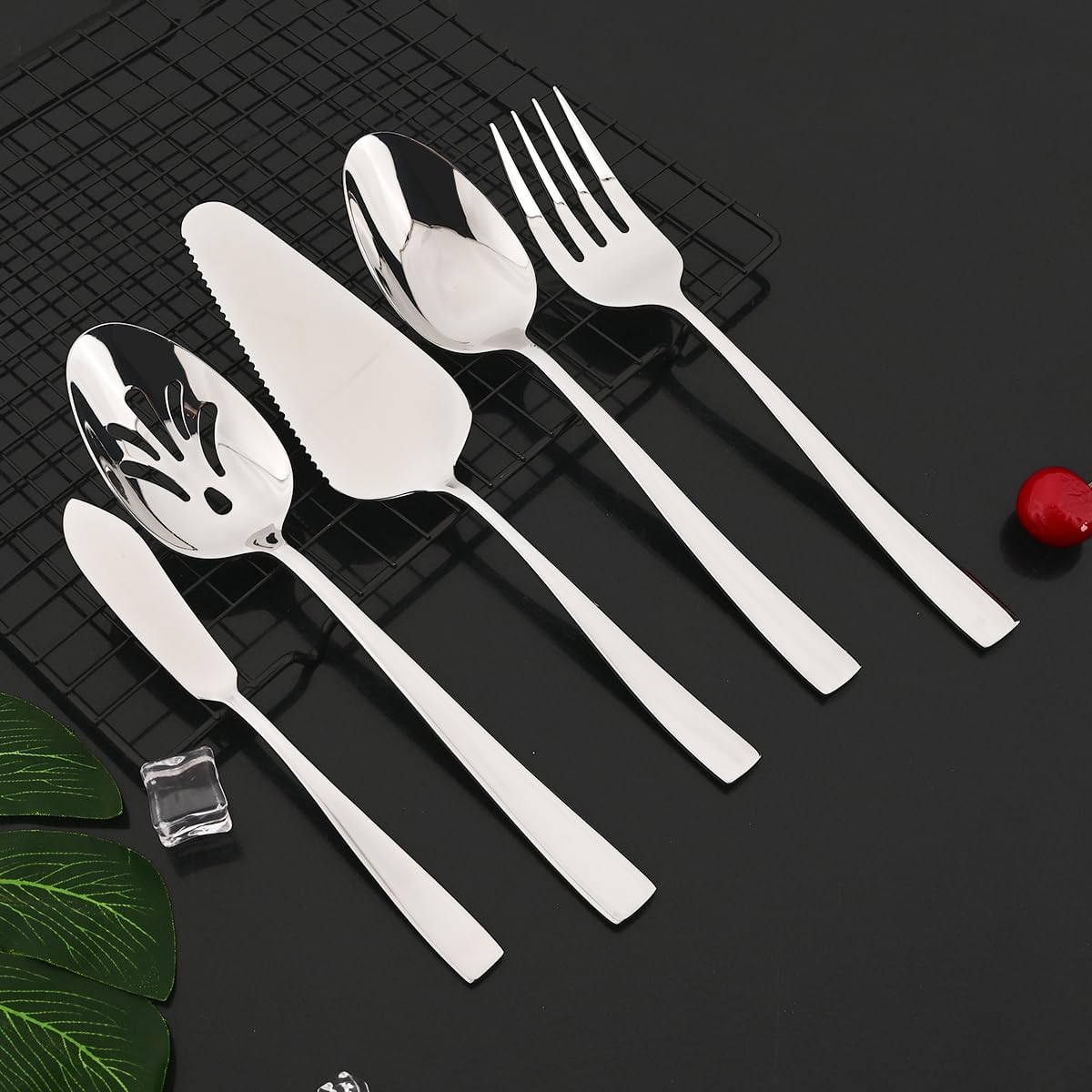 5-Piece Glossy Handle Silverware Hostess Set Stainless Steel Flatware Serving Set for Buffet Party Home Restaurant Mirror Polished Dishwasher Safe - Image 4