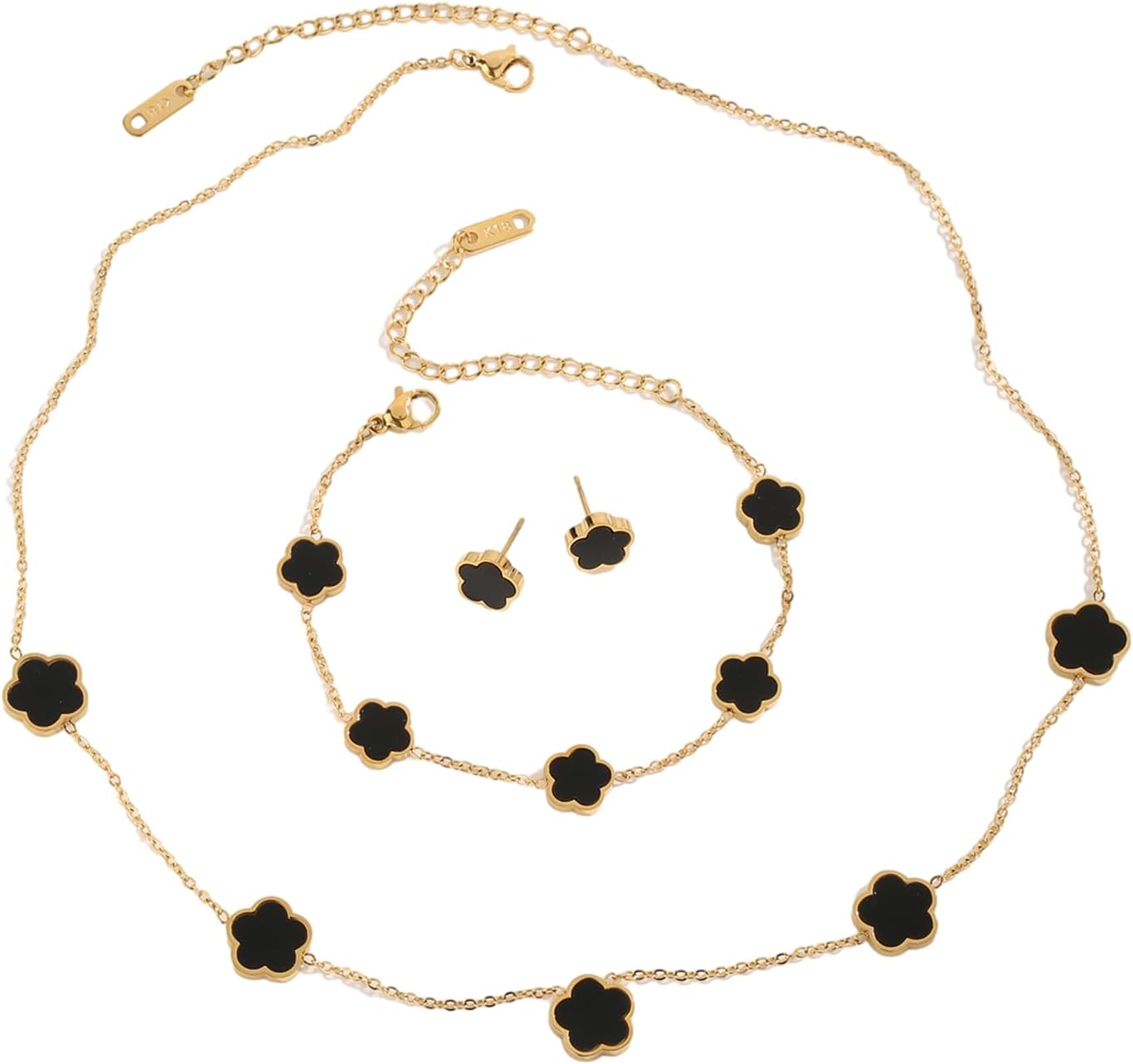 Lucky Clover 18K Gold Plated Clover Necklace Bracelet Earring for Women Fashion Cute Simple Jewelry Sets Hypoallergenic Women Jewelry Gift (Black) - Image 1