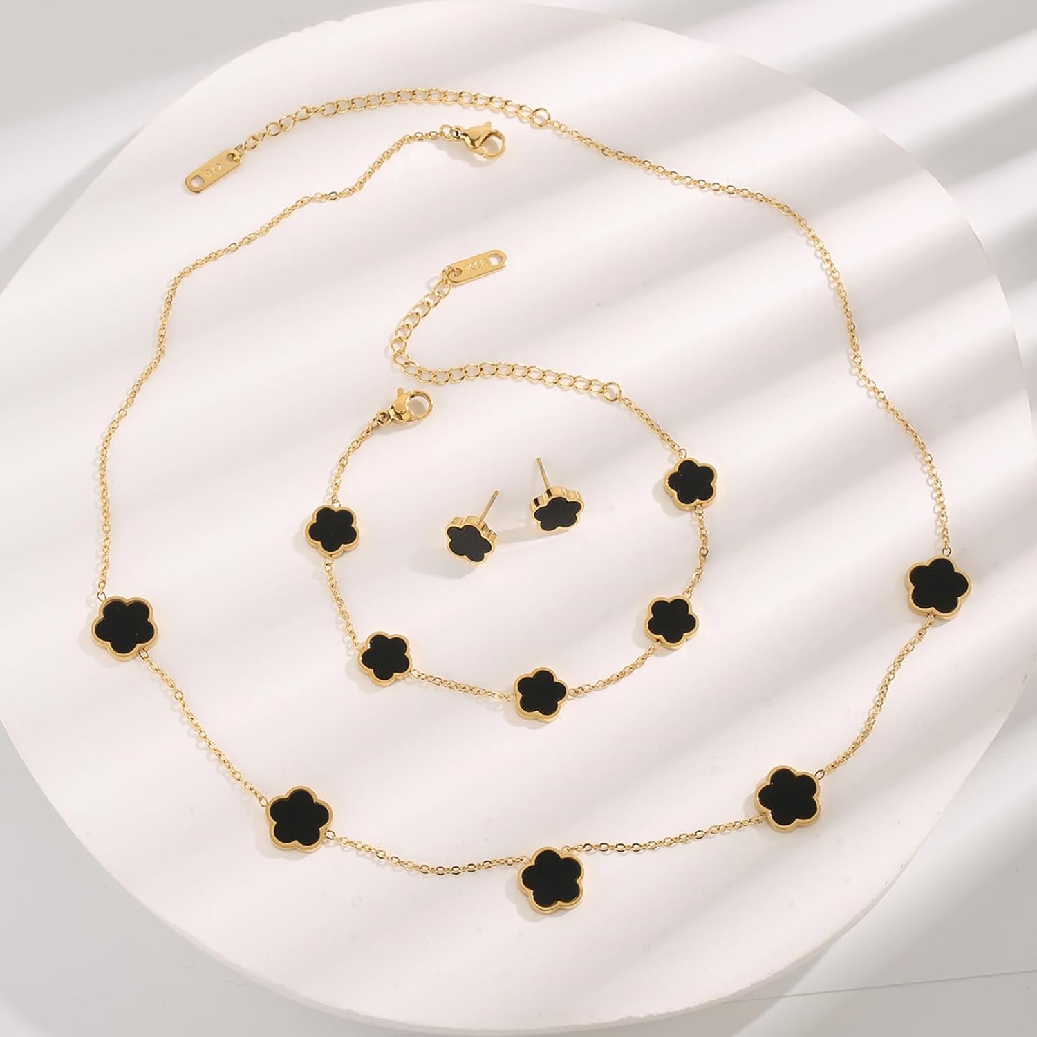 Lucky Clover 18K Gold Plated Clover Necklace Bracelet Earring for Women Fashion Cute Simple Jewelry Sets Hypoallergenic Women Jewelry Gift (Black) - Image 2