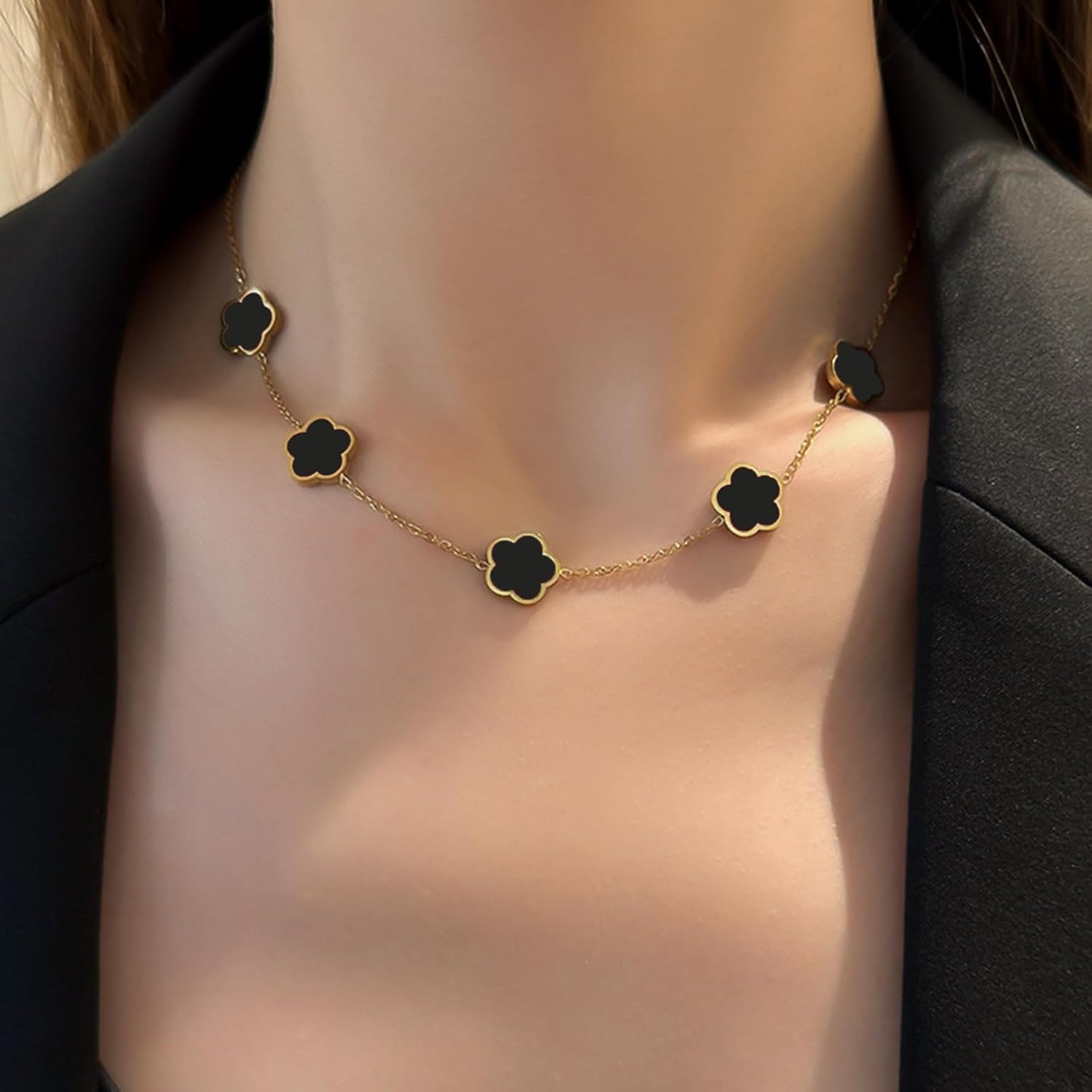 Lucky Clover 18K Gold Plated Clover Necklace Bracelet Earring for Women Fashion Cute Simple Jewelry Sets Hypoallergenic Women Jewelry Gift (Black) - Image 3