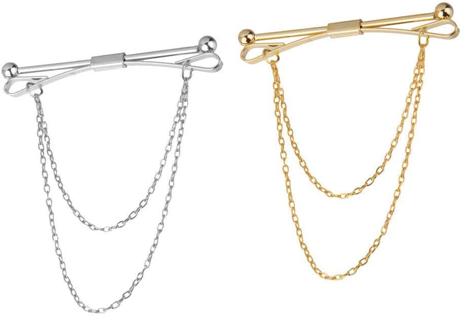 2pcs Men Gold Silver Collar Pin Bar Shirt Tie Stick Pin Brooch with Chain - Image 2