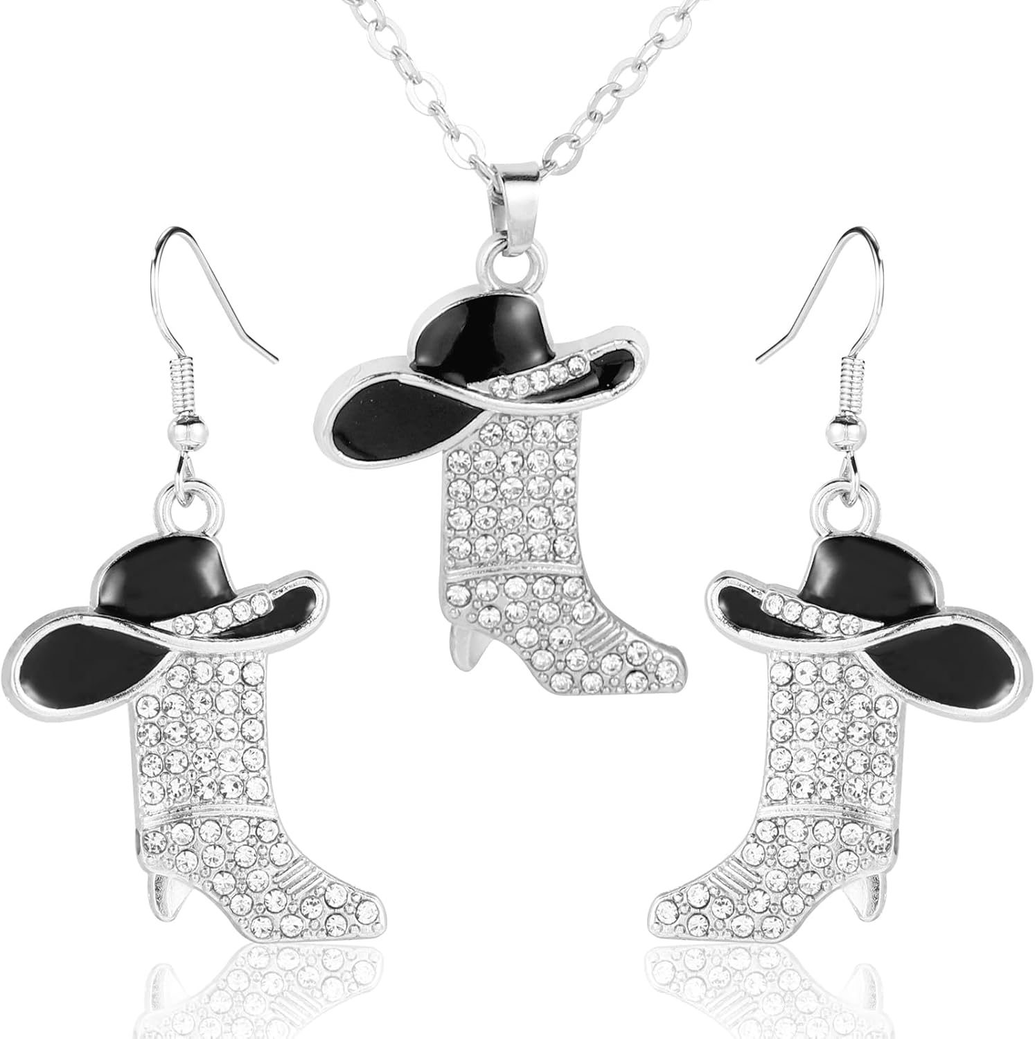 3pcs Western Cowgirl Accessories Set, Rhinestone & Enamel Cowboy Hat & Boots Dangle Earrings and Matching Necklace Country Concert Western Dress-Up Accessory for Women - Image 1