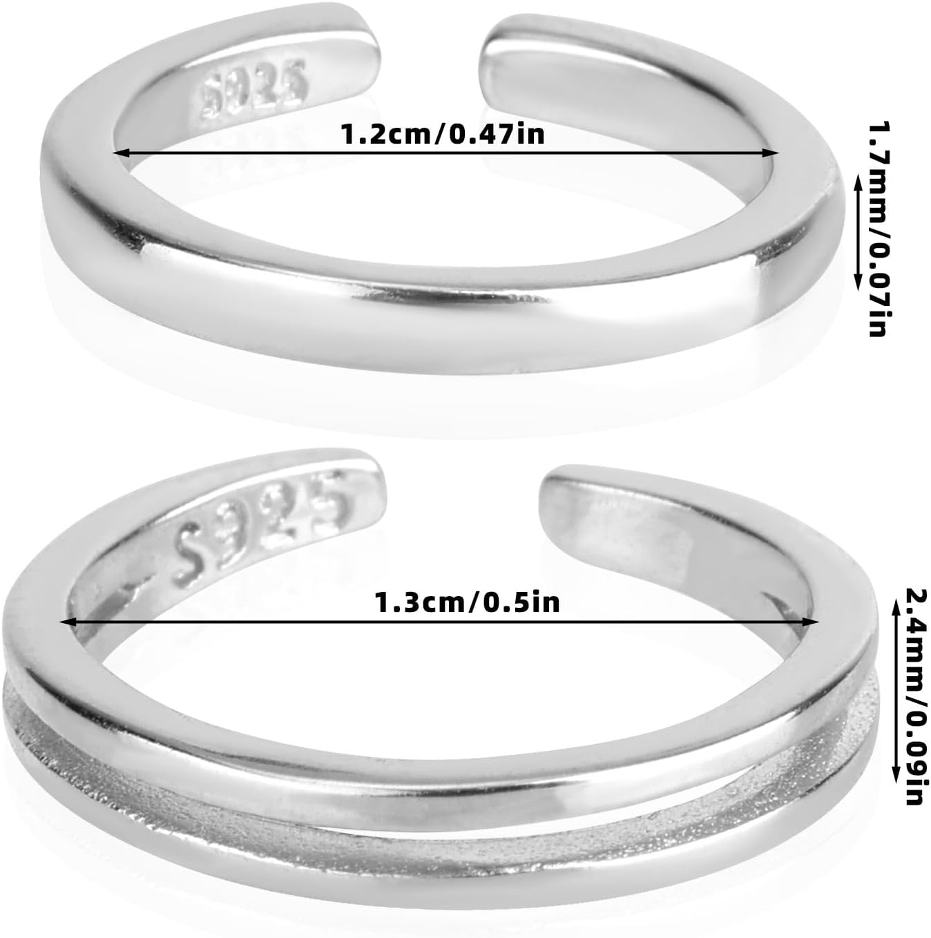 2pcs Sterling Silver Open Toe Rings, 2 Styles Adjustable Silver Toe Rings Simple Design Summer Beach Foot Jewelry Non Tarnish Foot Jewelry for Women - Image 2