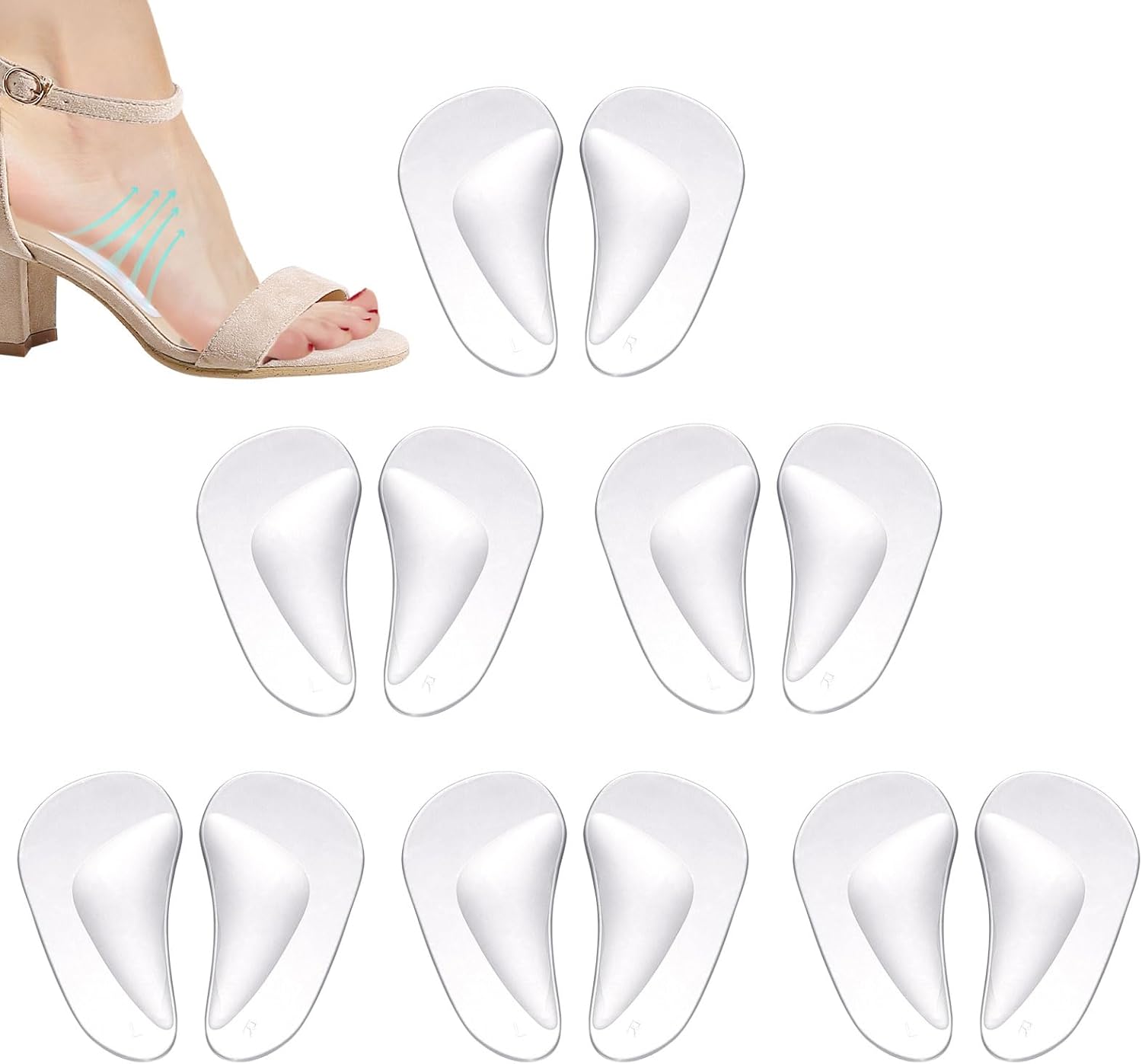 12pcs Arch Support Insoles, Transparent Gel Self-Adhesive Arch Support Shoe Inserts Soft Silicone Foot Arch Cushions Arch Comfort Pads for Women High Heels Sandals Flat Shoes - Image 1