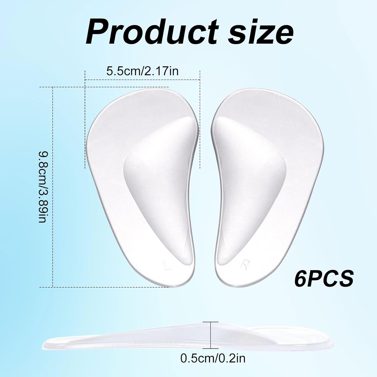 12pcs Arch Support Insoles, Transparent Gel Self-Adhesive Arch Support Shoe Inserts Soft Silicone Foot Arch Cushions Arch Comfort Pads for Women High Heels Sandals Flat Shoes - Image 2