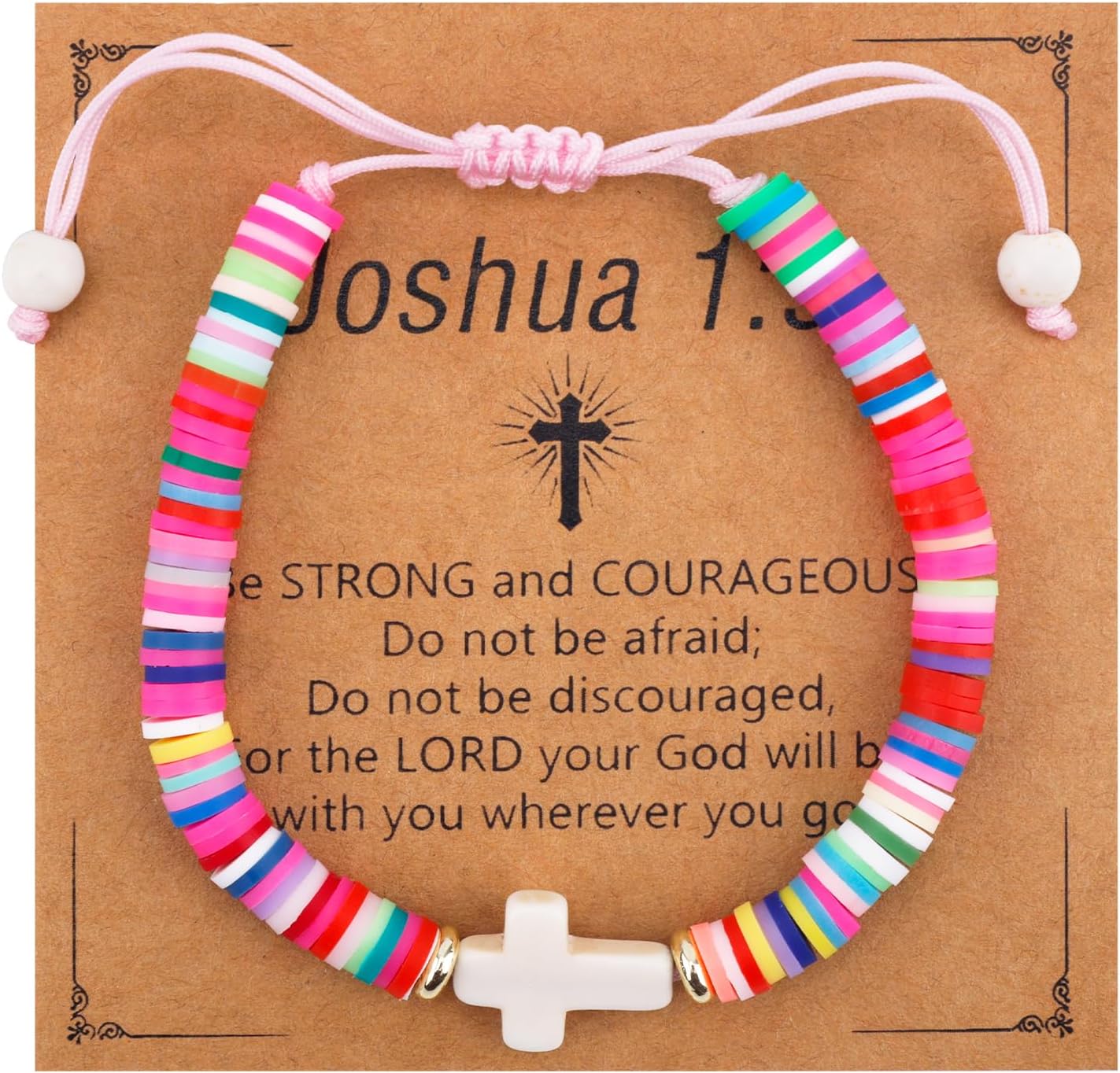 Cross Bracelet for Girls, Colorful Polymer Clay Christian Jesus Religious Confirmation Bracelet with Motivational Card First Holy Communion Gifts for Daughter Sister Teenage Girls - Image 1