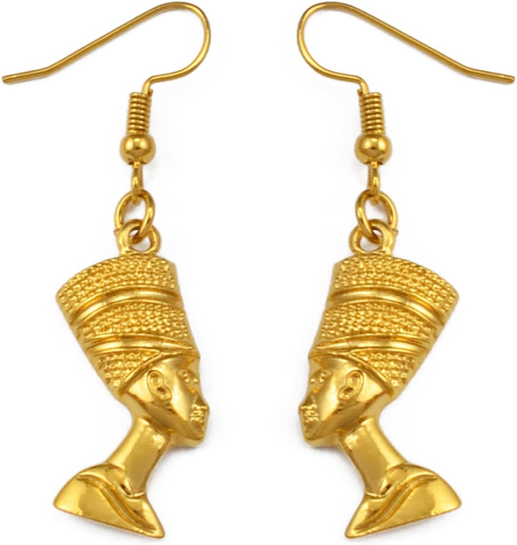 Egyptian Queen Ear Hoop Earrings - Ethnic Women Nefertiti Larger Earrings Vintage Pattern Unique Country Flag Hip Hop Piercing Drop for Ladies, Gold - Image 1