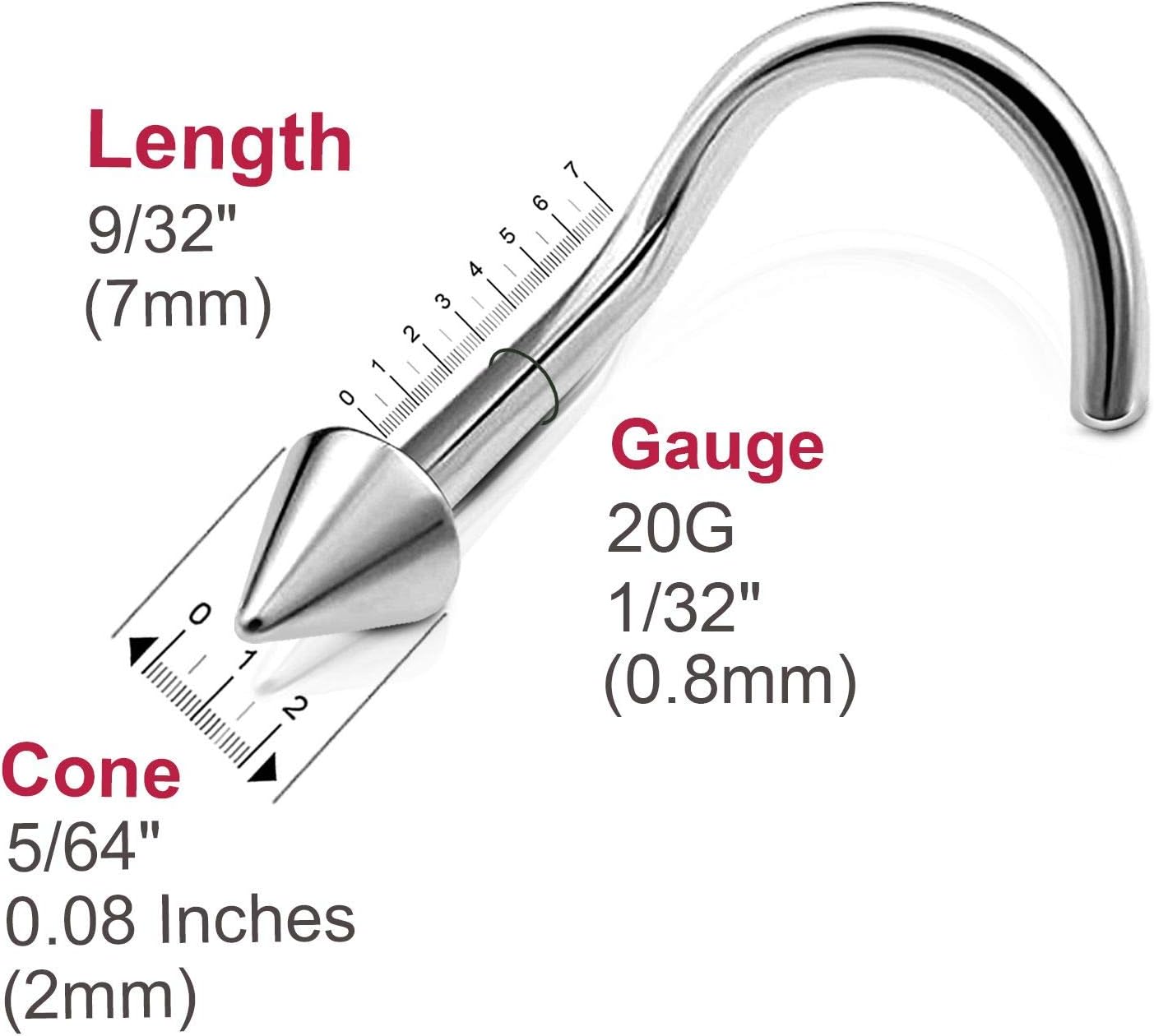 3pcs 20g 0.8mm Nose Screw Rings Nostril Stud Surgical Stainless Steel 2mm Cone Spike - Image 4