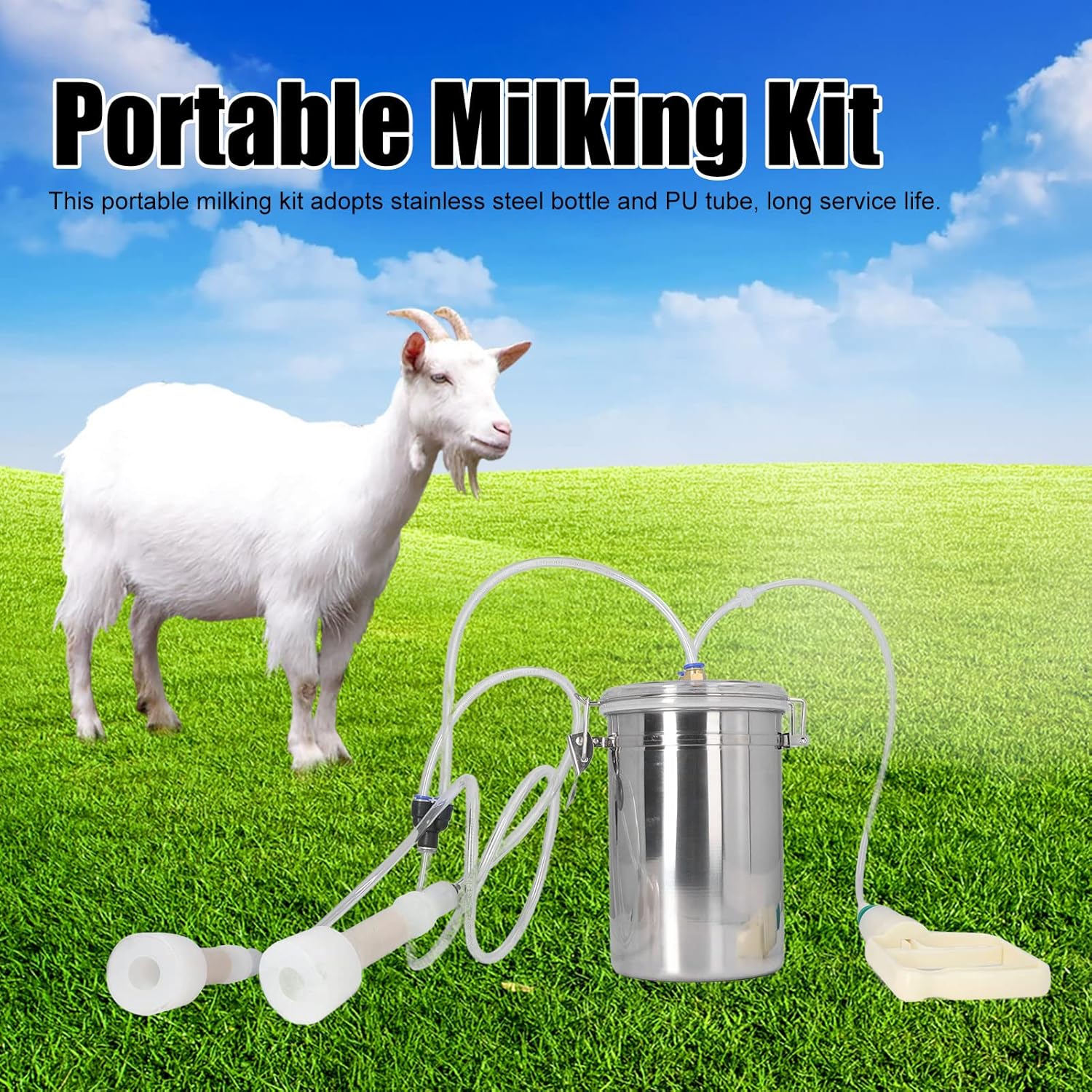 2L Goat Milking Machine, Large Capacity Manual Milking Machine Effort Saving Goat Milker Adjustable Pulsating Pump Stainless Steel Bottle Portable Milking Kit for Sheep, Cow, Goat - Image 2