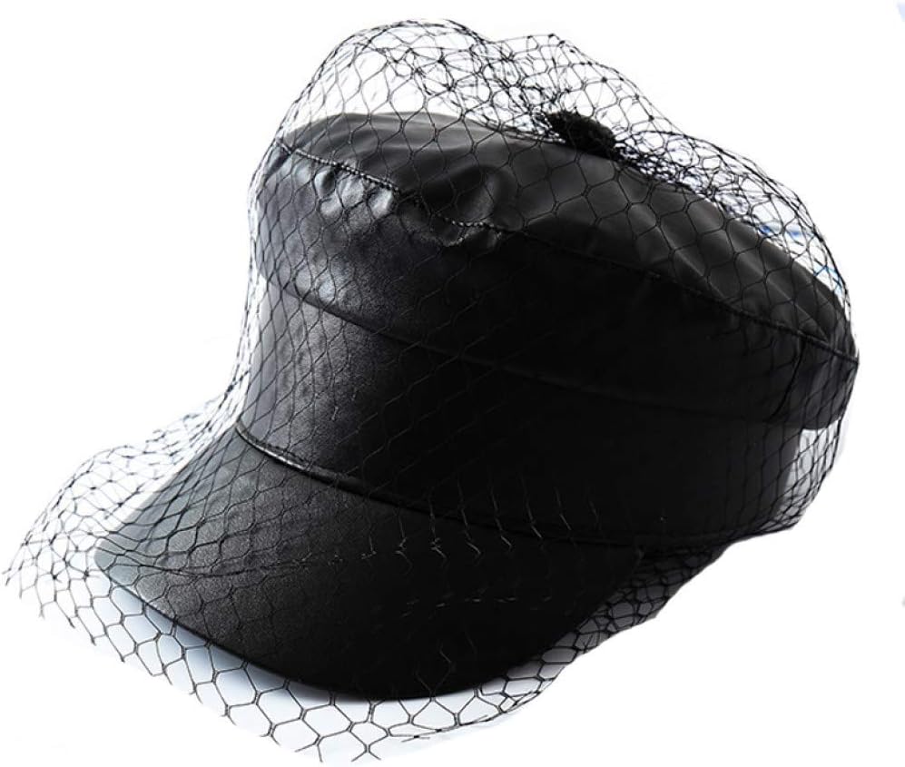 Spring Summer Octagol Cap Women Solid Black PU Lace Veil Newsboy Caps Fashion Beret Hats - Image 1