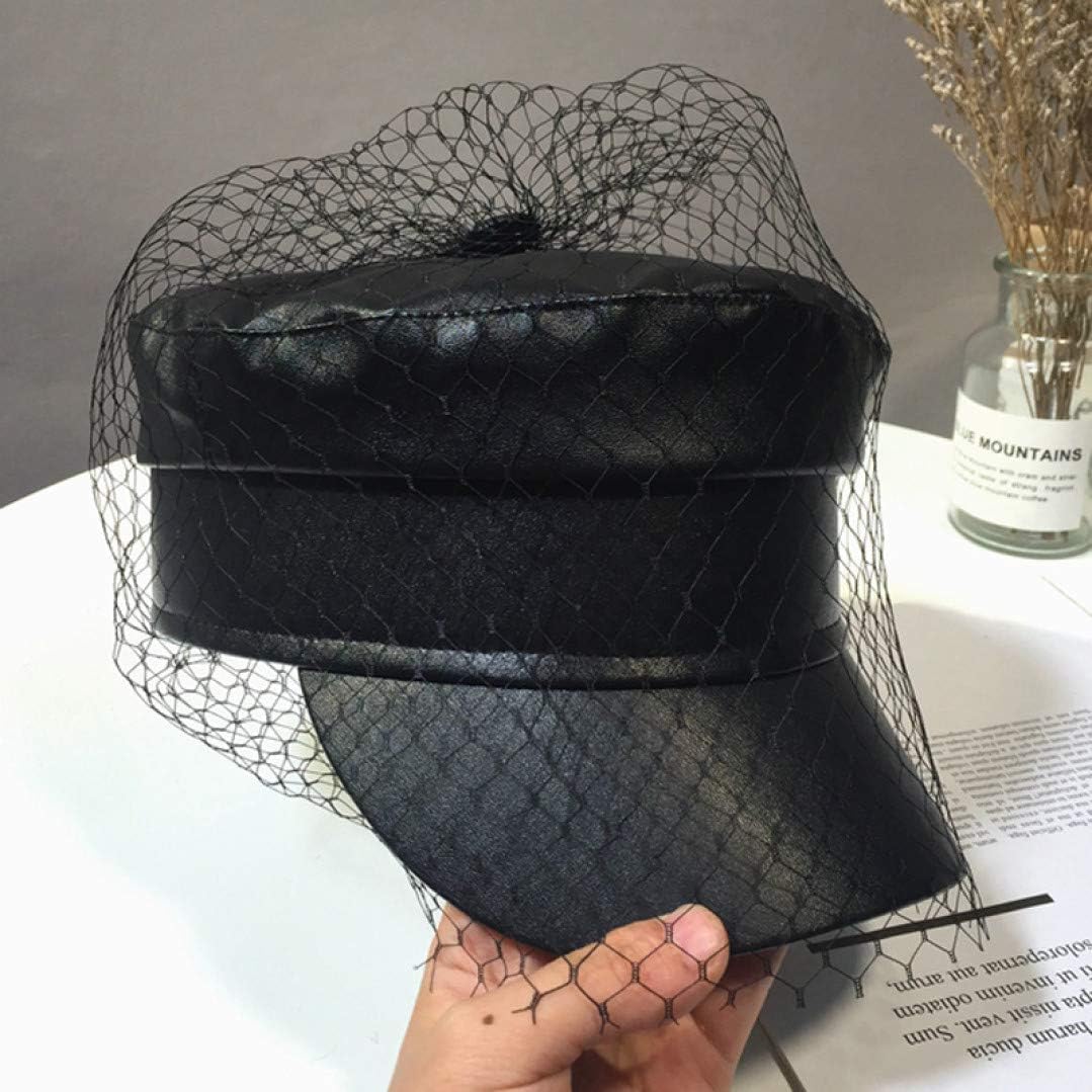 Spring Summer Octagol Cap Women Solid Black PU Lace Veil Newsboy Caps Fashion Beret Hats - Image 2