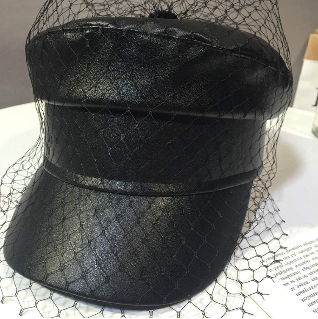 Spring Summer Octagol Cap Women Solid Black PU Lace Veil Newsboy Caps Fashion Beret Hats - Image 4