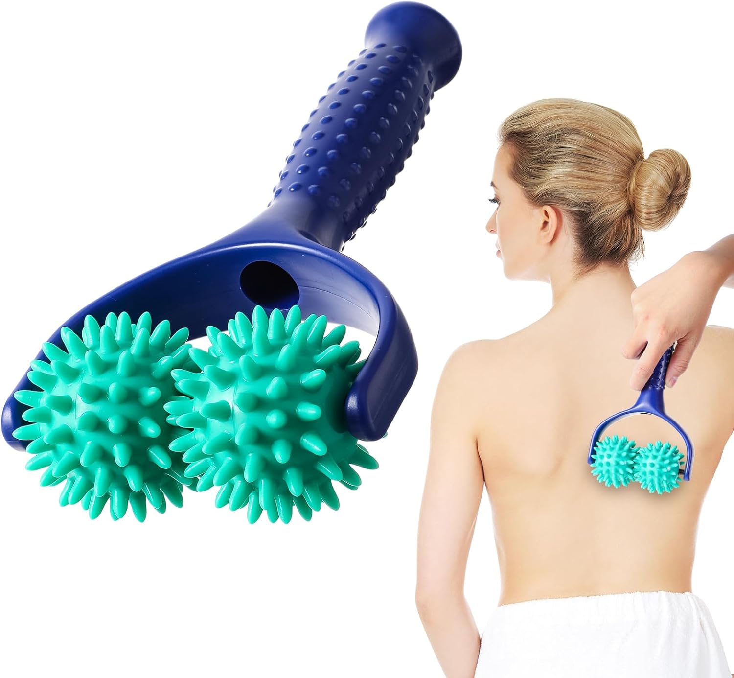 Handheld Spiky Massage Balls Rollers, 2 Wheel Spiky Massage Ball Rollers Silicone Manual Massage Roller with Handle Pressure Point Muscle Massage Tool for Foot Arm Body Neck Leg Pain Pressure Relief - Image 1