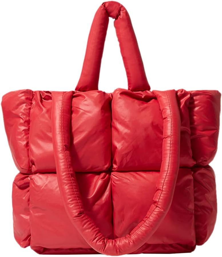 Large Quilted Tote Bag Lightweight, Checkered Shoulder Bag Casual Solid Color Underarm Bags Red - Image 1