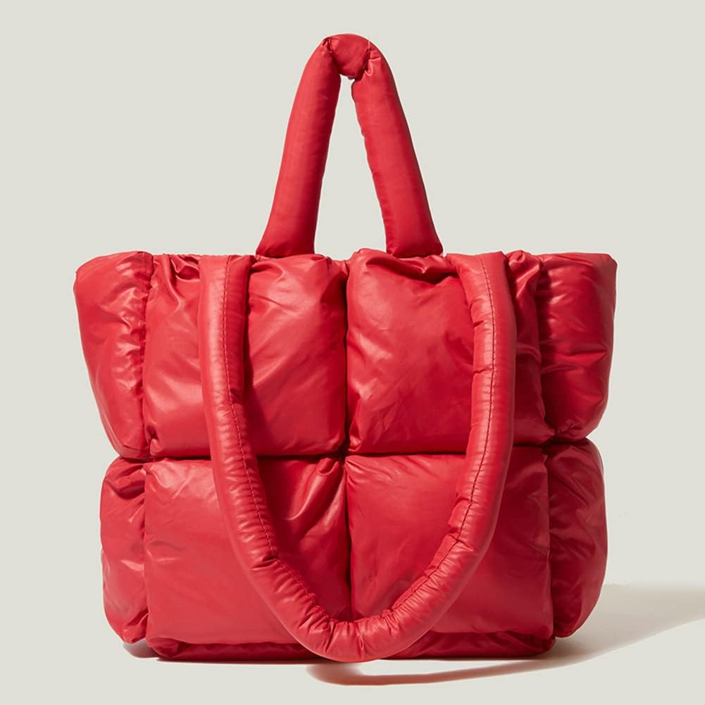 Large Quilted Tote Bag Lightweight, Checkered Shoulder Bag Casual Solid Color Underarm Bags Red - Image 2