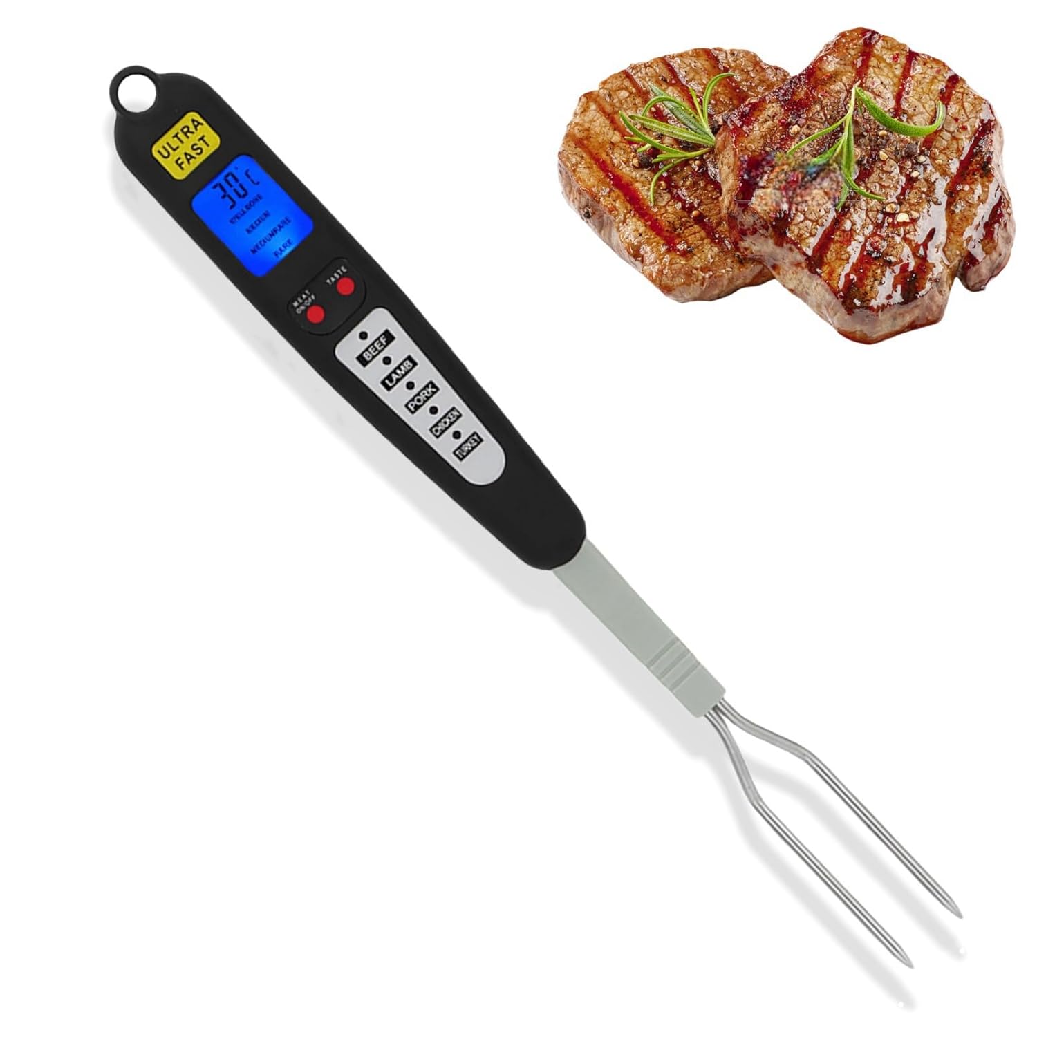 Digital Meat Thermometer Fork, Fast Read Grill Thermometer with LED Display and Stainless Steel Probes for Steak Chicken Pork Turkey Hot Grilled Food - Image 1