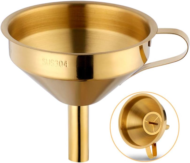 Stainless Steel Wide Mouth Funnels with Detachable Strainer, 5-inch Funnel for Filling Small Bottles and Jars, Cooking Oil and Transmission Liquid and Powder, Food Grade Metal Kitchen Funnels Gold - Image 1