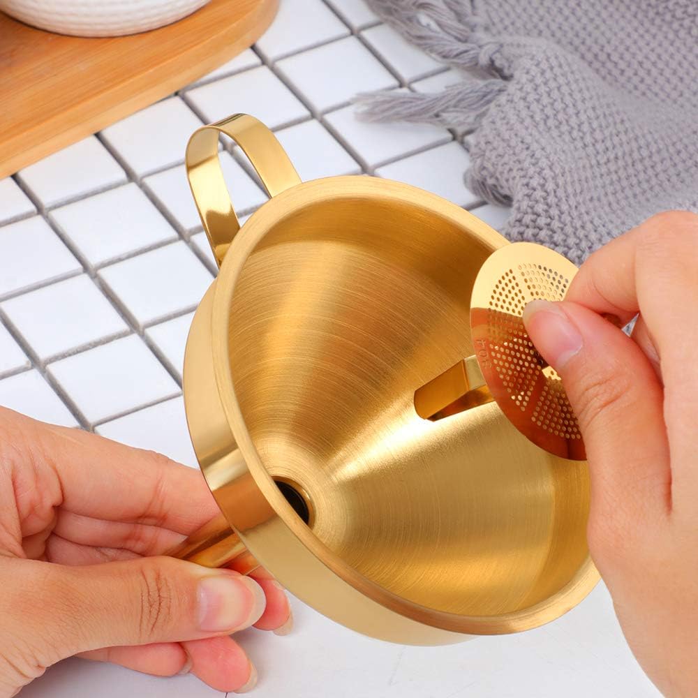 Stainless Steel Wide Mouth Funnels with Detachable Strainer, 5-inch Funnel for Filling Small Bottles and Jars, Cooking Oil and Transmission Liquid and Powder, Food Grade Metal Kitchen Funnels Gold - Image 3