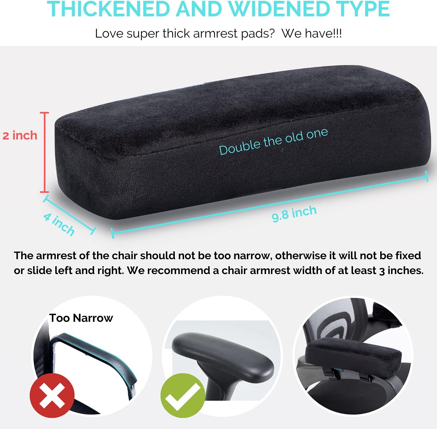 Extra Thick 2 inches Chair armrest Cushions Elbow Pillow Pressure Relief Office Chair Gaming Chair armrest with Memory Foam armrest Pads 2-Piece Set of Chair (Black) - Image 4