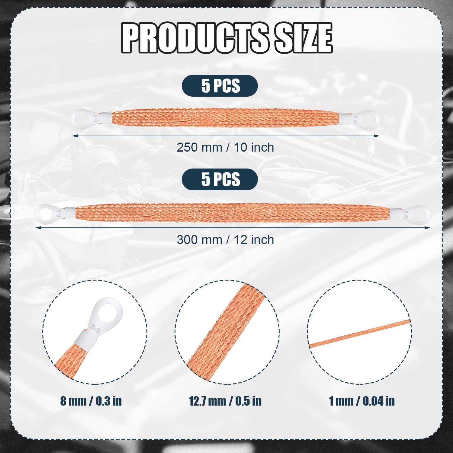 10pcs Universal Automotive Ground Straps, 10/12 inch Engine Ground Strap Kit Braided Copper Ground Straps Automotive Ground Strap Wire Ground Strap Connectors for Most Cars (Copper) - Image 2