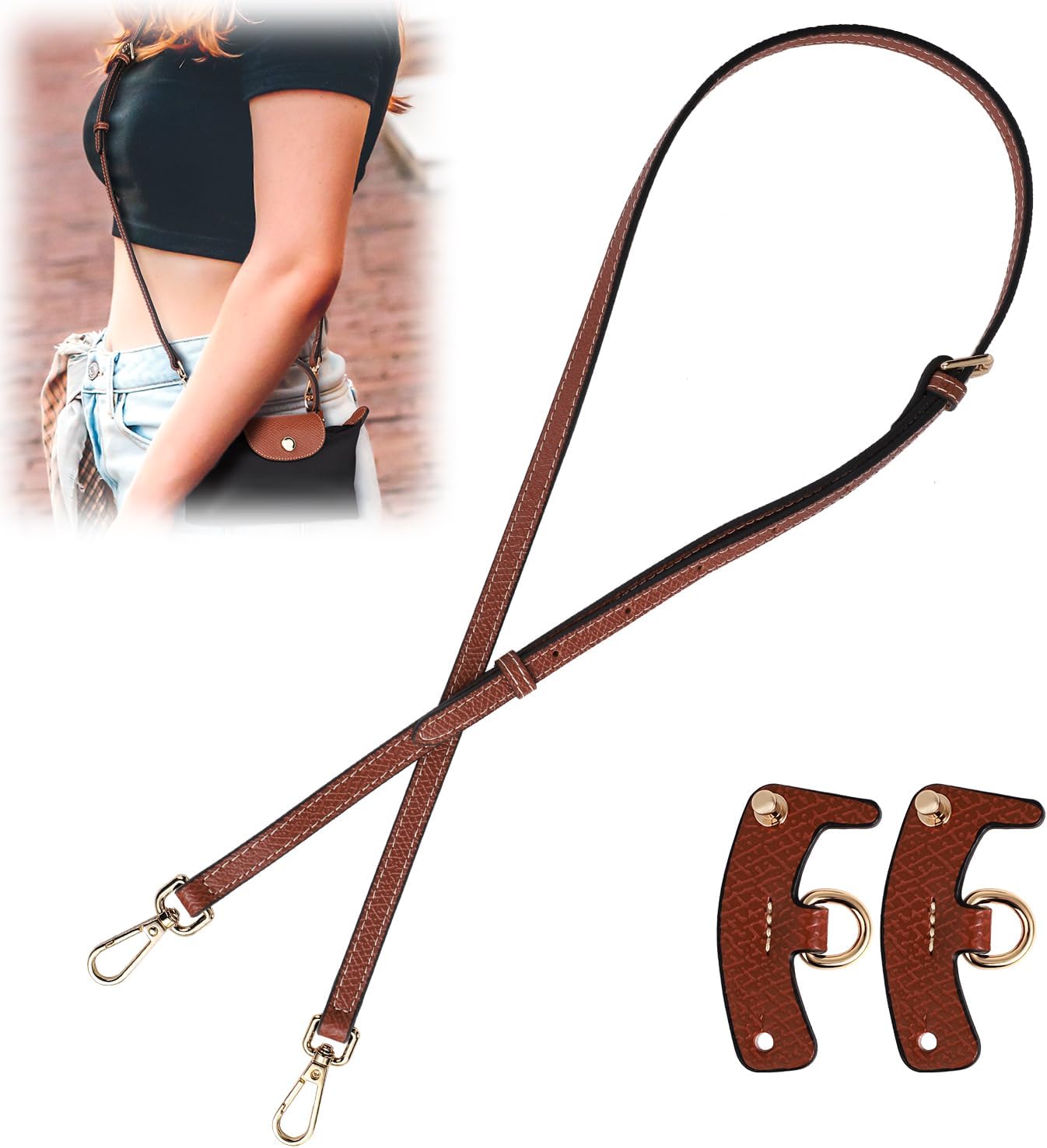 Leather Purse Straps Replacement, Genuine Leather Shoulder Strap with Punch-Free Adapter Adjustable Replacement Strap for Handbag Crossbody Bag Purse for Mini Le PLIAGE (Brown) - Image 1