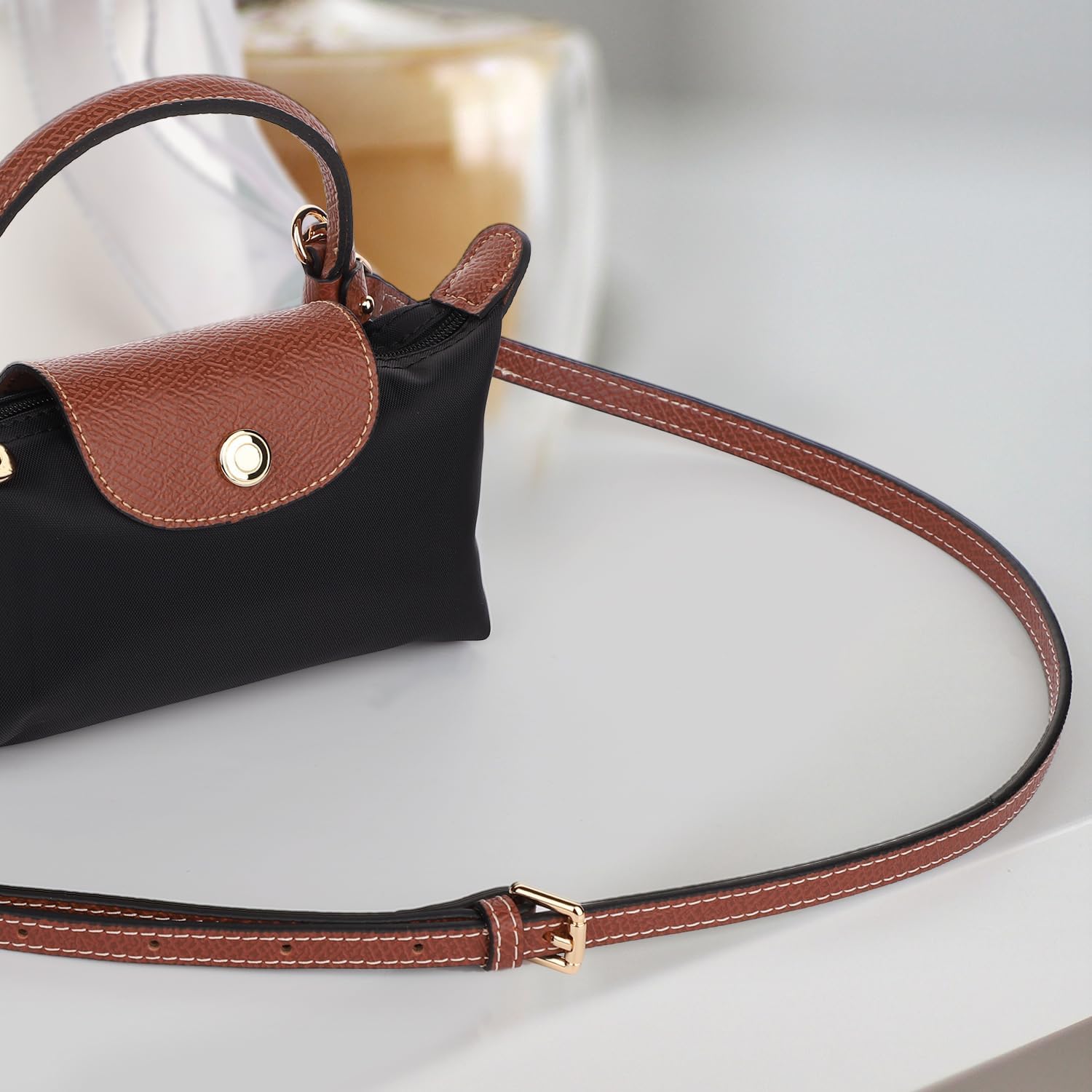 Leather Purse Straps Replacement, Genuine Leather Shoulder Strap with Punch-Free Adapter Adjustable Replacement Strap for Handbag Crossbody Bag Purse for Mini Le PLIAGE (Brown) - Image 3