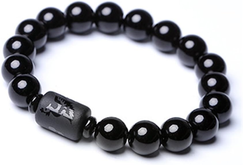 Natural Obsidian Stone Bead Bracelet Couple Men 10mm and Women 8mm Dragon and Phoenix Totem Jewelry (Phoenix) - Image 1