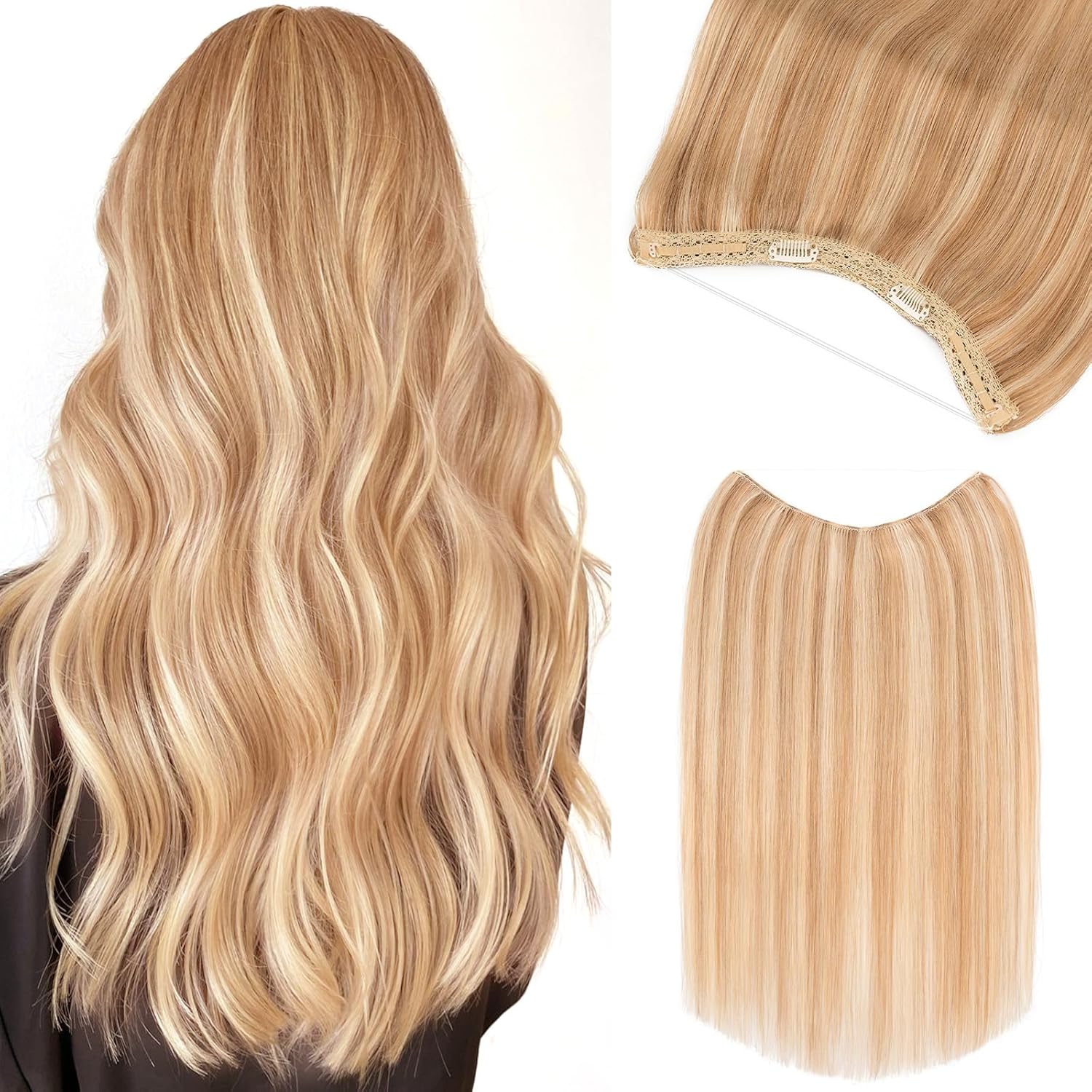 Halo Hair Extensions Real Human Hair 16 Inch Halo Extensions for Women 100% Human Hair Invisible Wire Hair Extensions Golden Brown Hightlights Bleach Blonde #12P613 - Image 1