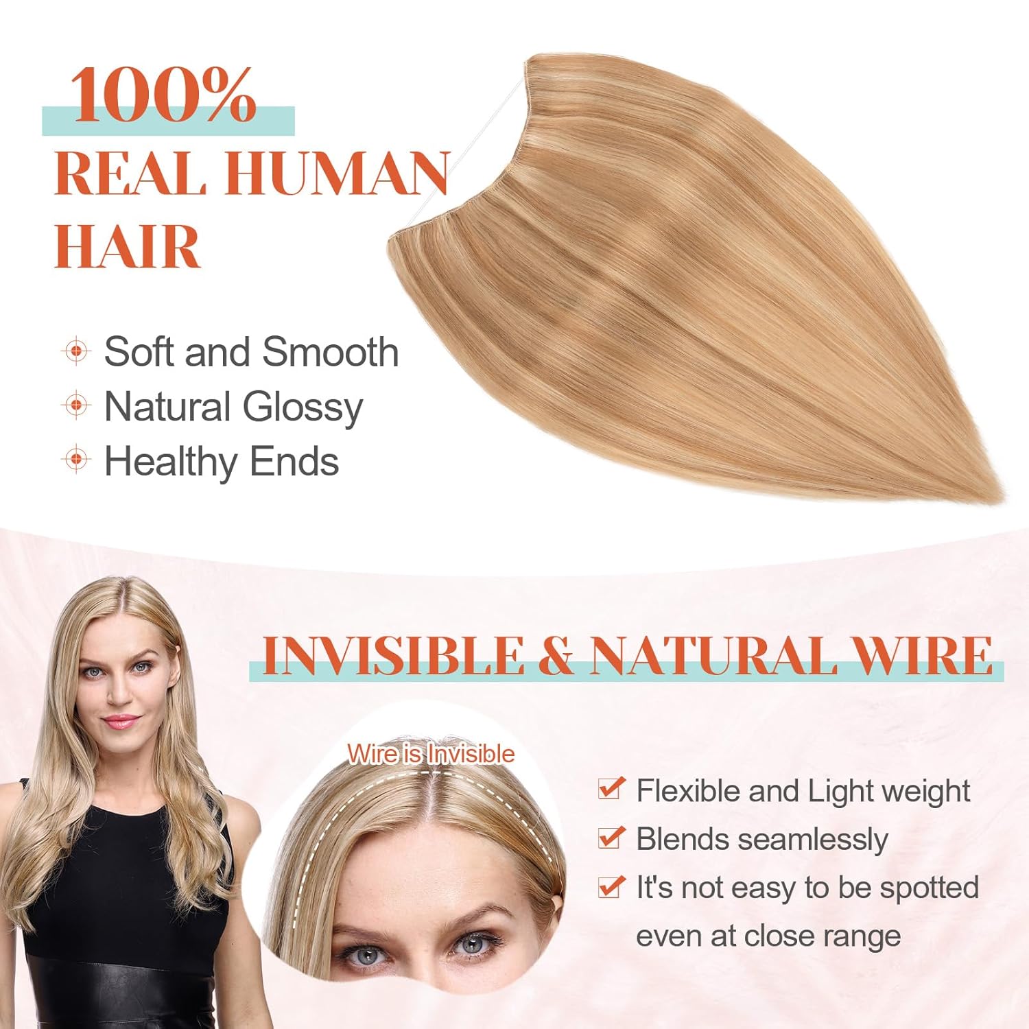 Halo Hair Extensions Real Human Hair 16 Inch Halo Extensions for Women 100% Human Hair Invisible Wire Hair Extensions Golden Brown Hightlights Bleach Blonde #12P613 - Image 4