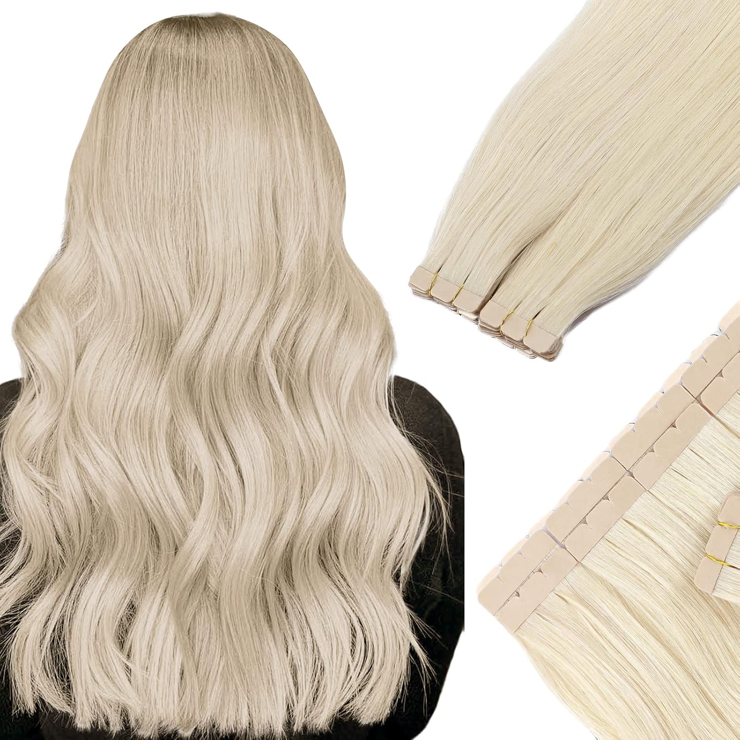 Tape in Hair Extensions Human Hair Platinum Blonde 18 Inch 20pcs 50g/pack Straight Hair Extensions Tape in Seamless Skin Weft Tape in Natural Hair for Women(#60 Platinum Blonde, 18