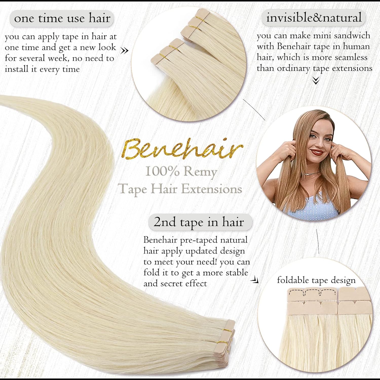 Tape in Hair Extensions Human Hair Platinum Blonde 18 Inch 20pcs 50g/pack Straight Hair Extensions Tape in Seamless Skin Weft Tape in Natural Hair for Women(#60 Platinum Blonde, 18