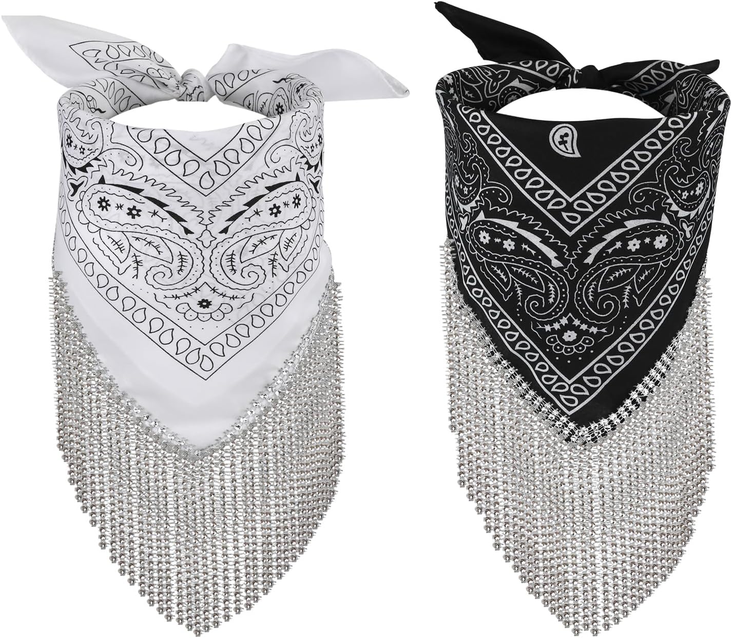 2pcs Rhinestone Fringe Bandana, Rhinestone Scarf for Women Sparkly Disco Cowgirl Bachelorette Bandanas Bling Bandanas Party Supplies for Men Women - Image 1