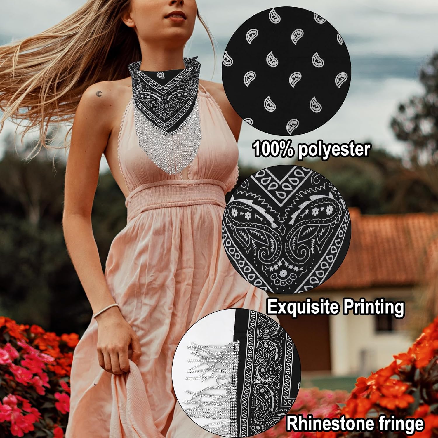 2pcs Rhinestone Fringe Bandana, Rhinestone Scarf for Women Sparkly Disco Cowgirl Bachelorette Bandanas Bling Bandanas Party Supplies for Men Women - Image 4